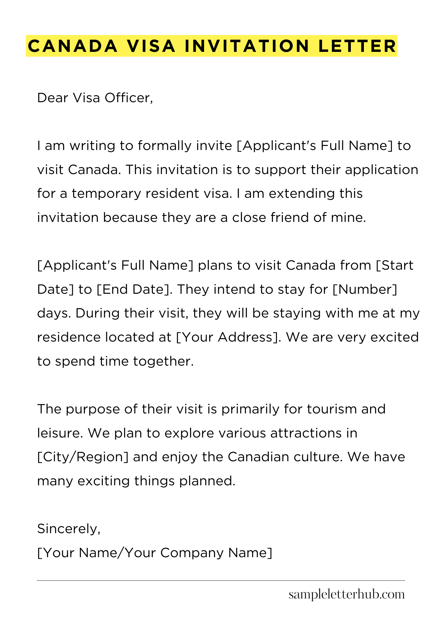 Canada Visa Invitation Letter