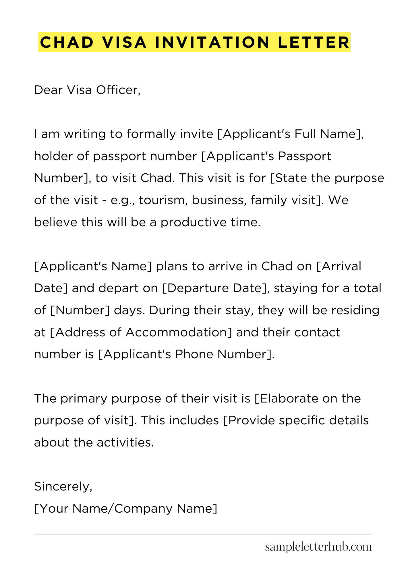 Chad Visa Invitation Letter