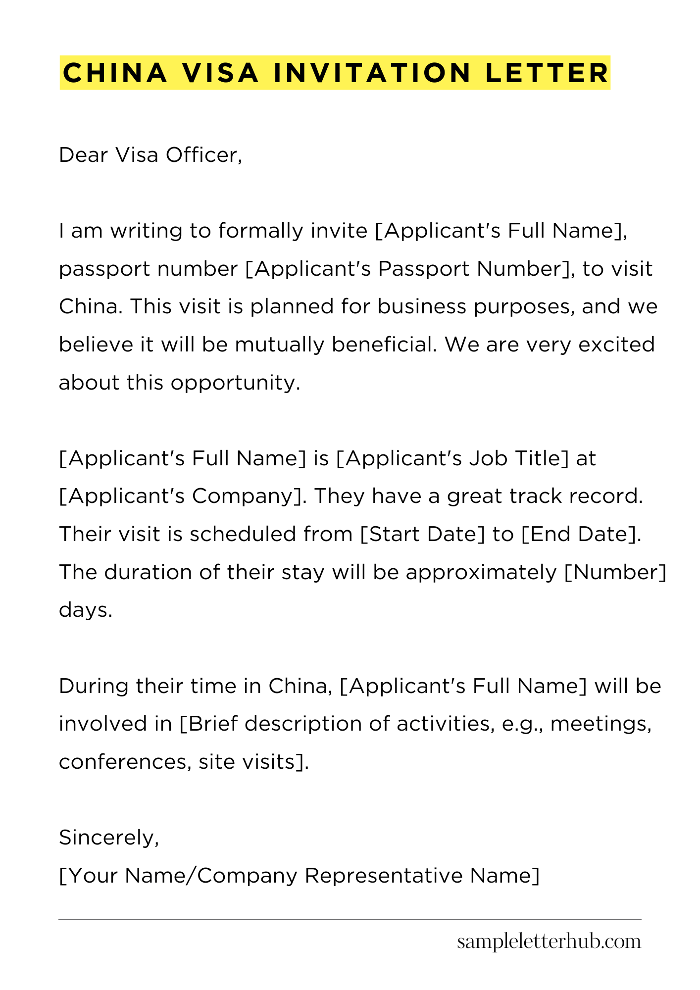 China Visa Invitation Letter