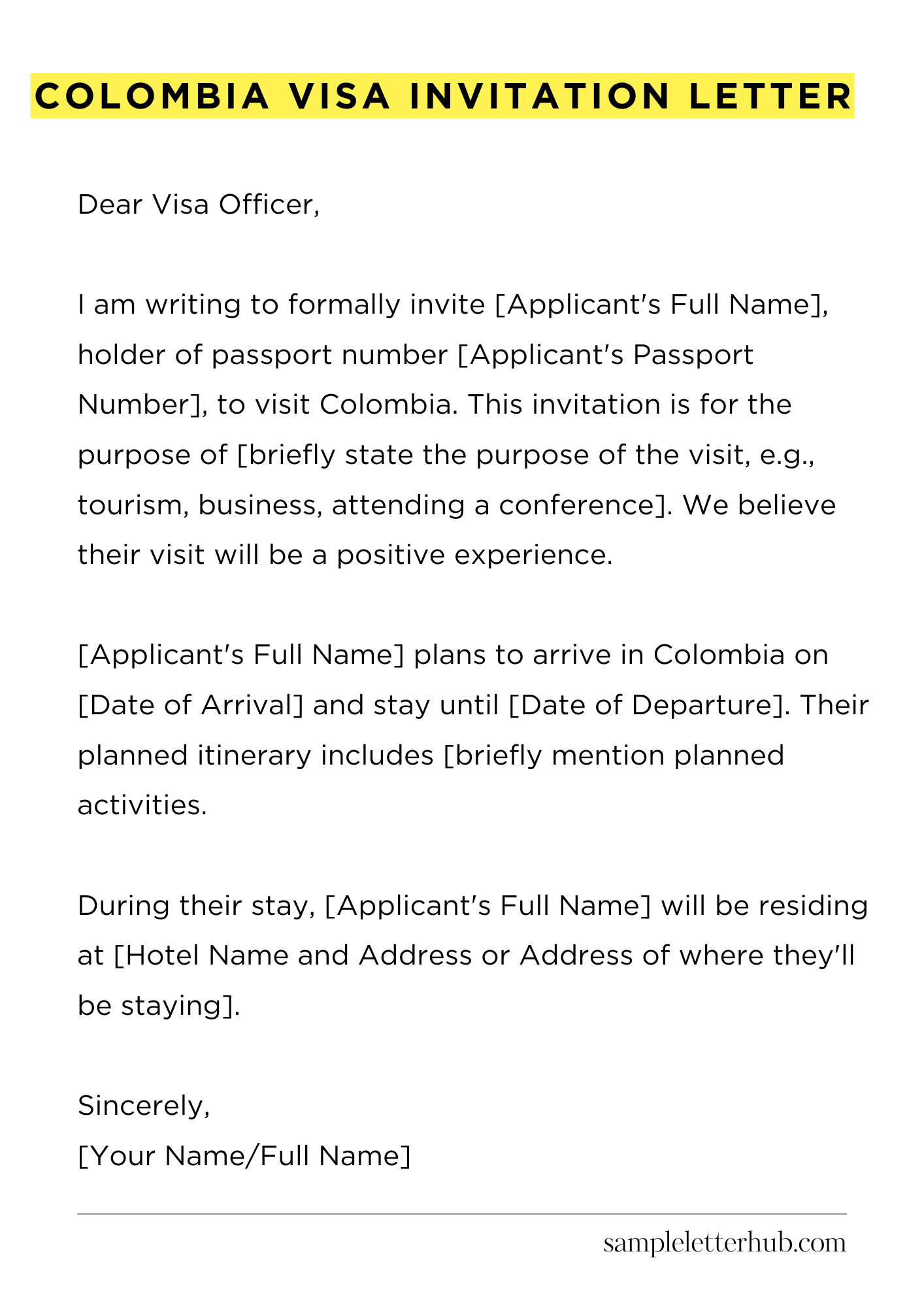Colombia Visa Invitation Letter