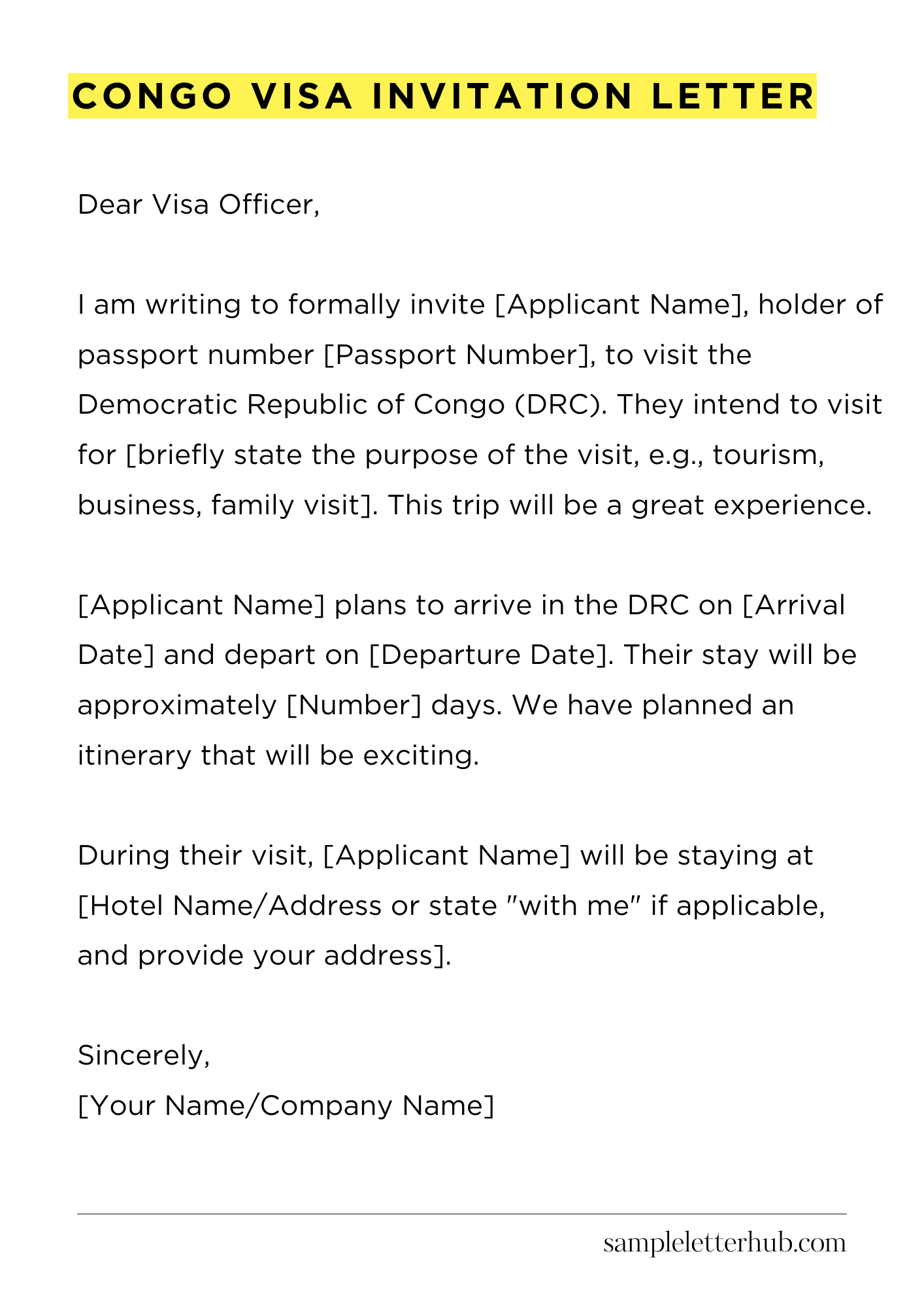 Congo Visa Invitation Letter