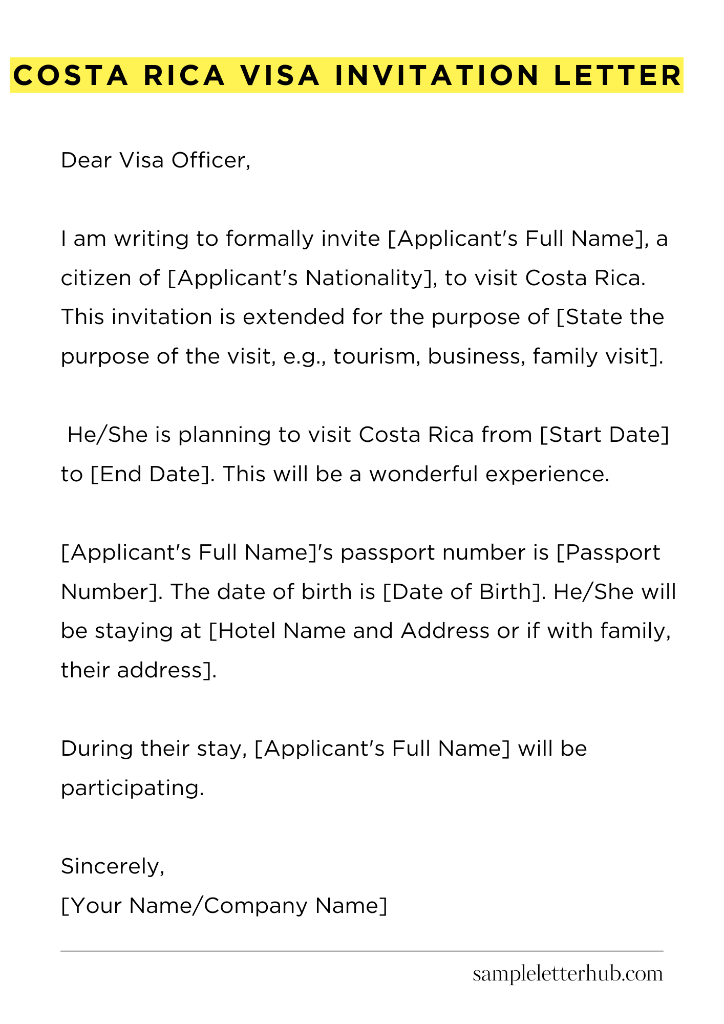 Costa Rica Visa Invitation Letter