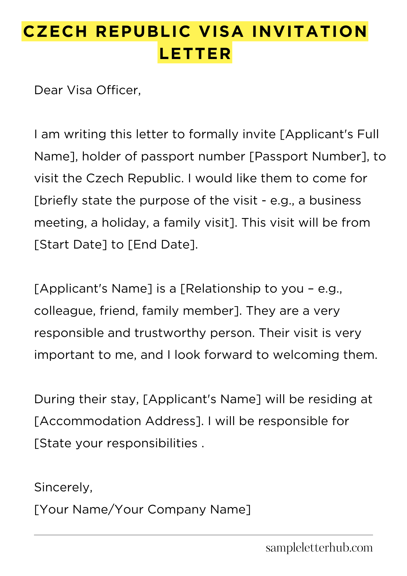 Czech Republic Visa Invitation Letter