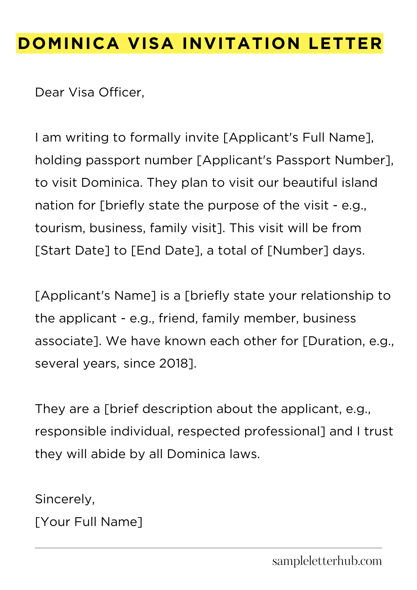 Dominica Visa Invitation Letter