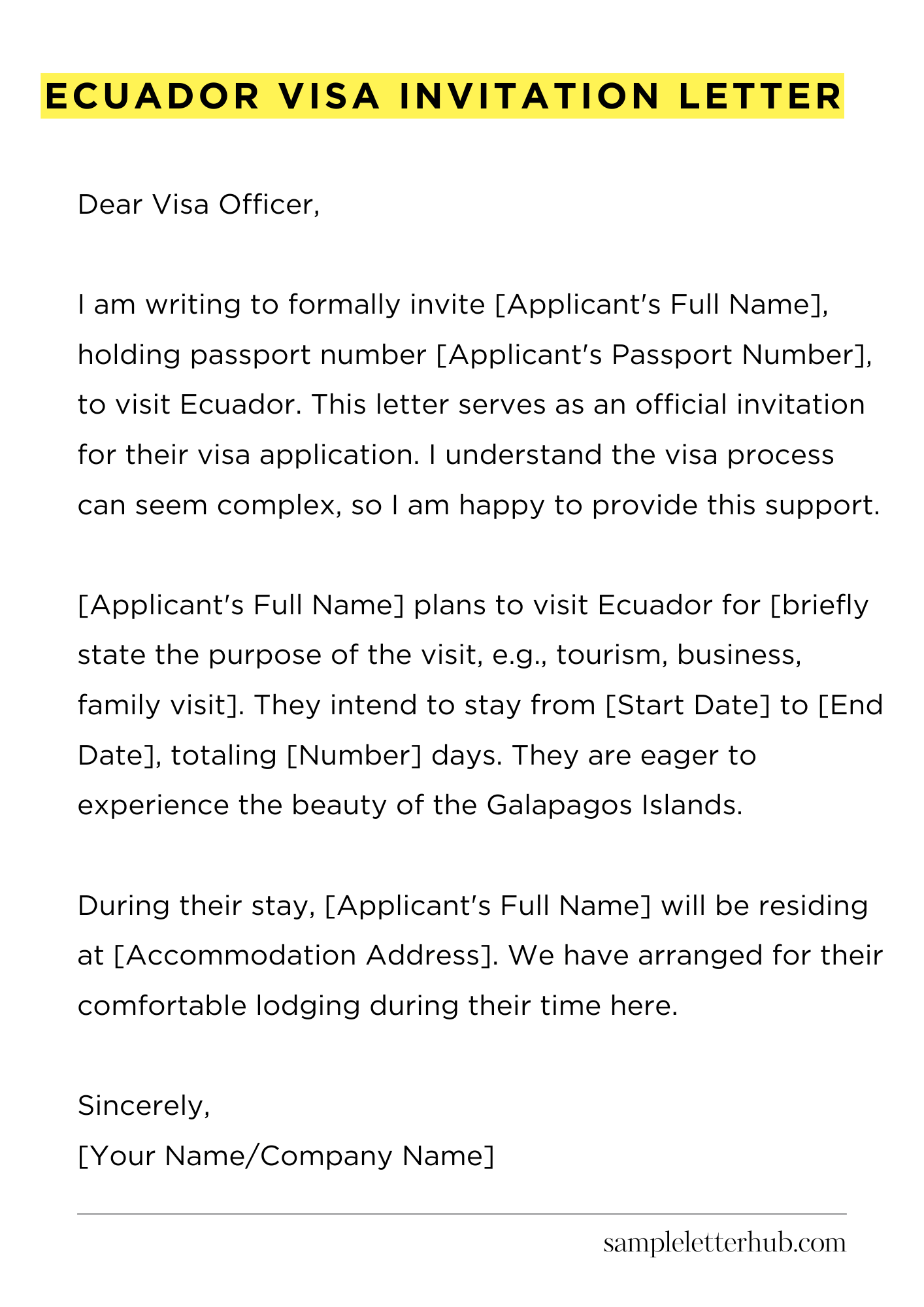 Ecuador Visa Invitation Letter