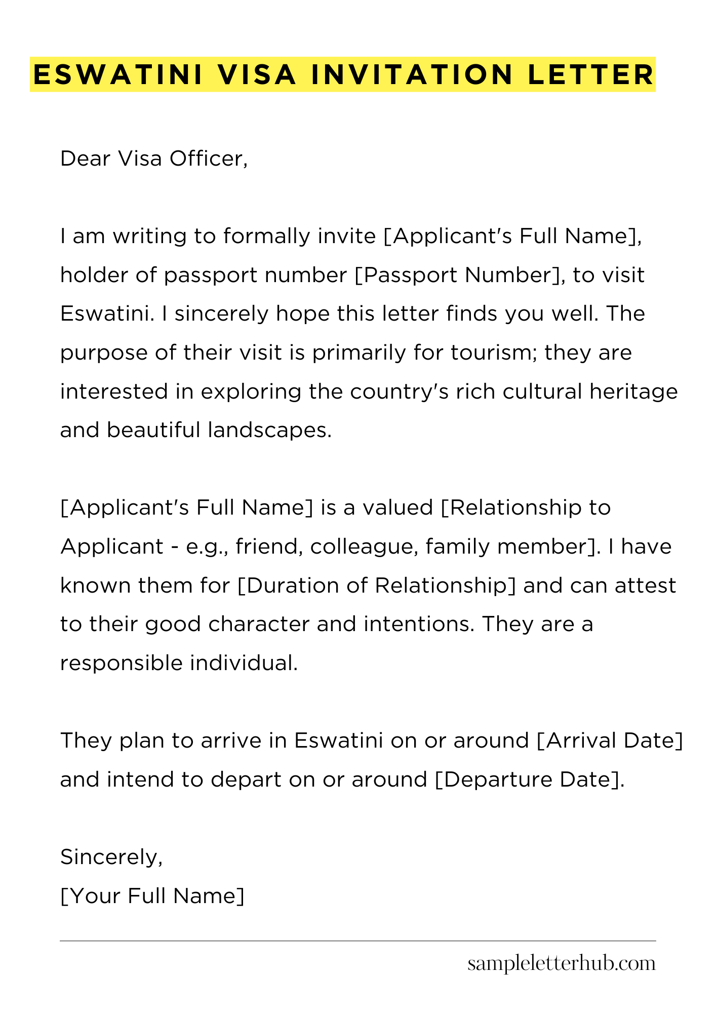 Eswatini Visa Invitation Letter