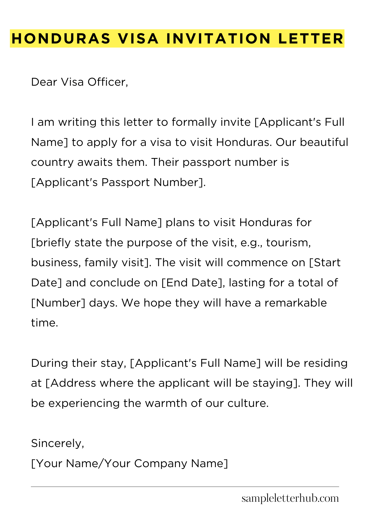 Honduras Visa Invitation Letter