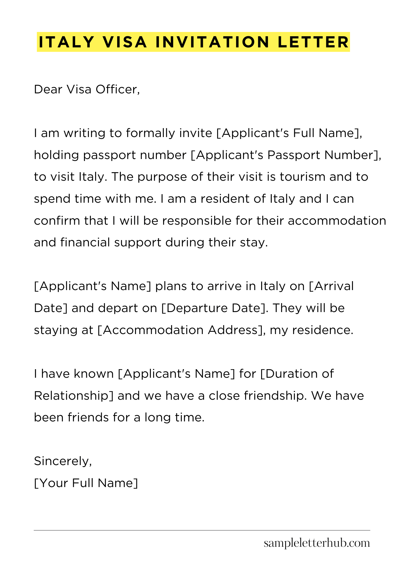 Italy Visa Invitation Letter