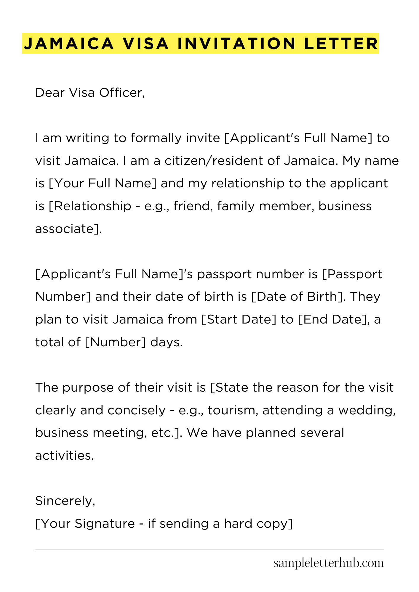 Jamaica Visa Invitation Letter