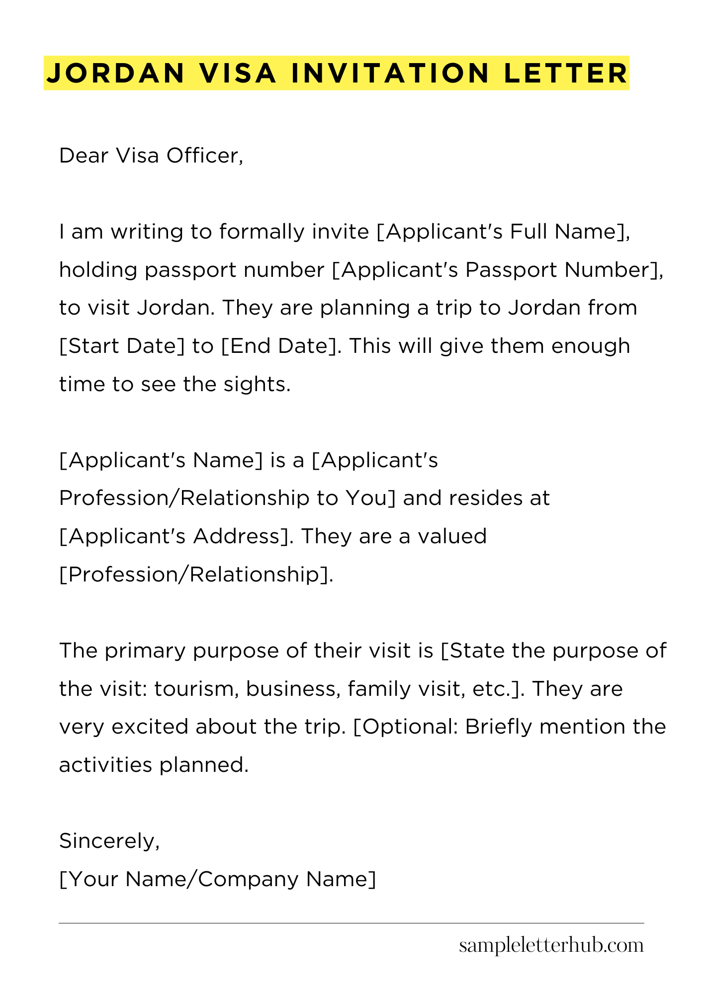 Jordan Visa Invitation Letter