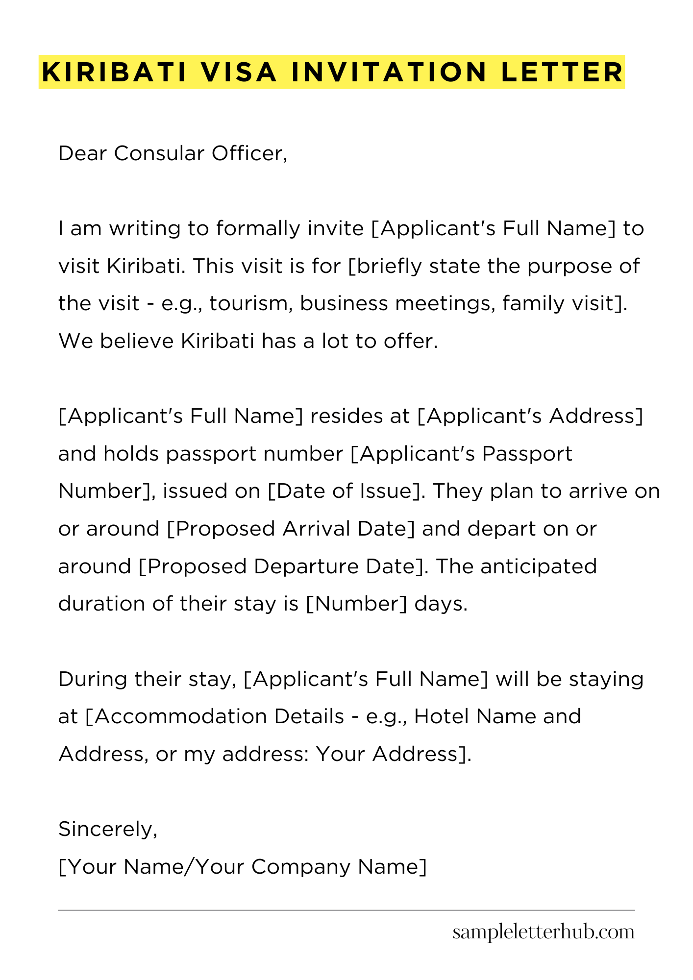 Kiribati Visa Invitation Letter