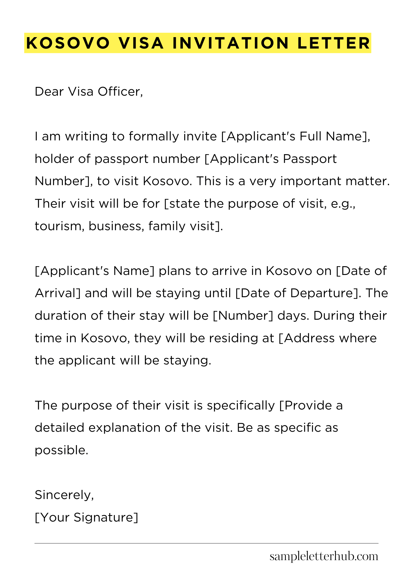 Kosovo Visa Invitation Letter