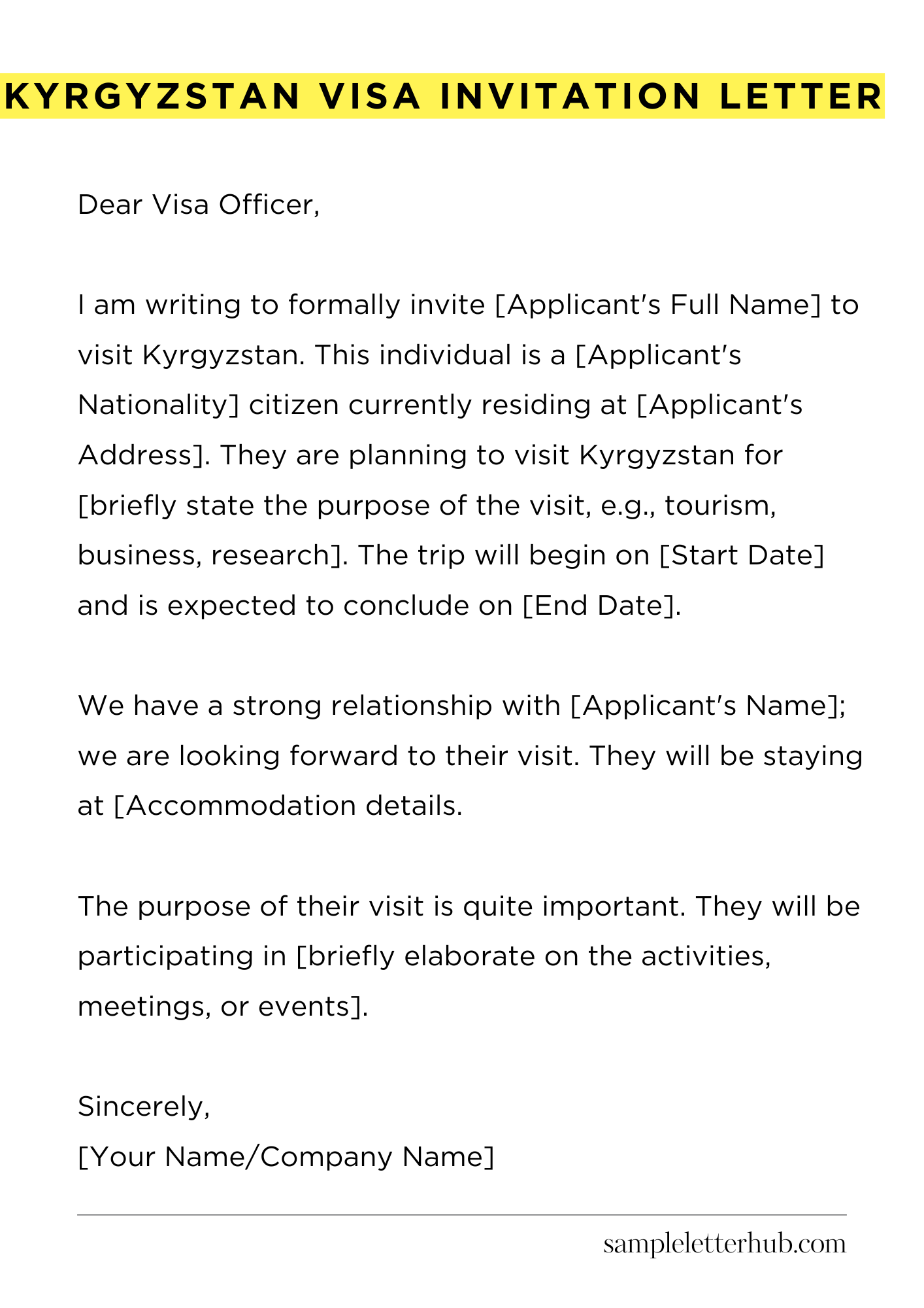 Kyrgyzstan Visa Invitation Letter