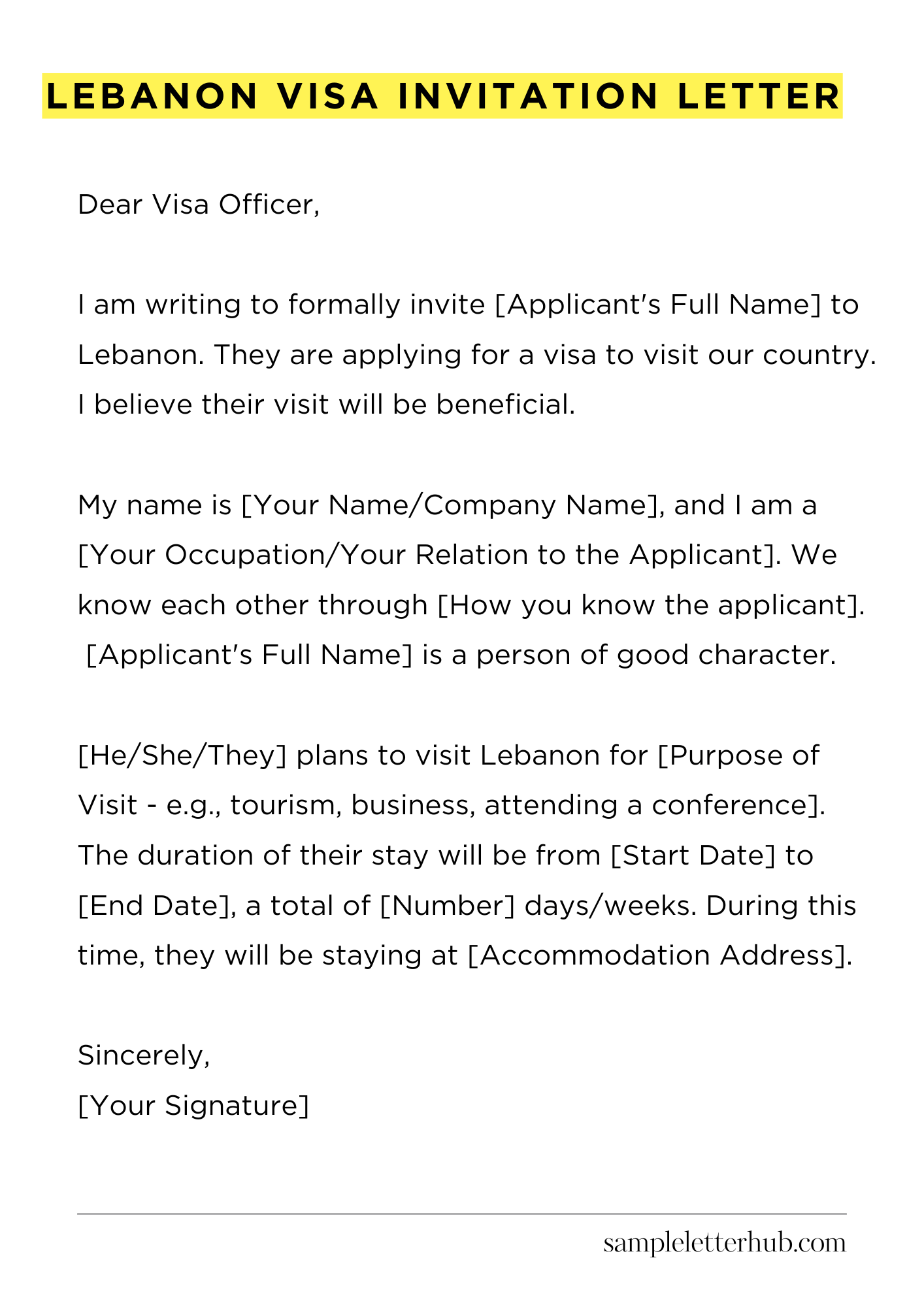 Lebanon Visa Invitation Letter