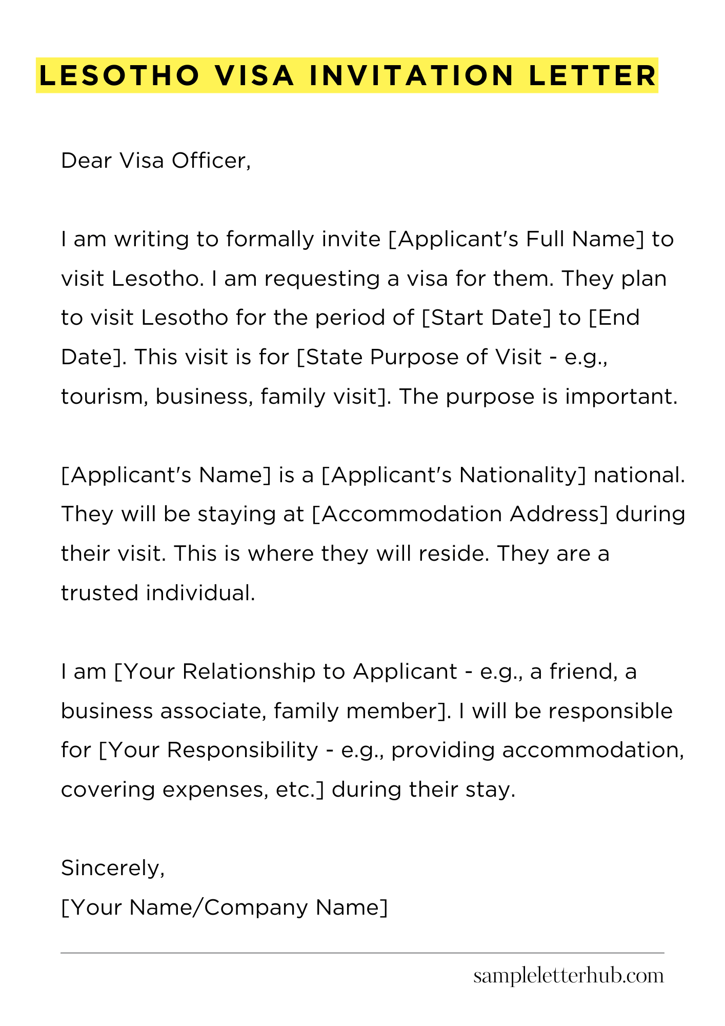 Lesotho Visa Invitation Letter
