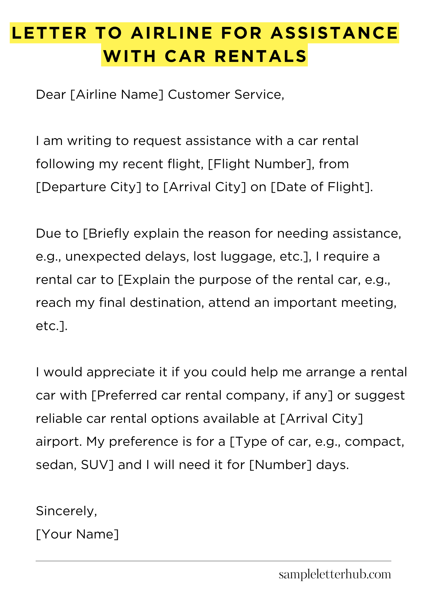 Letter To Airline For Assistance With Car Rentals