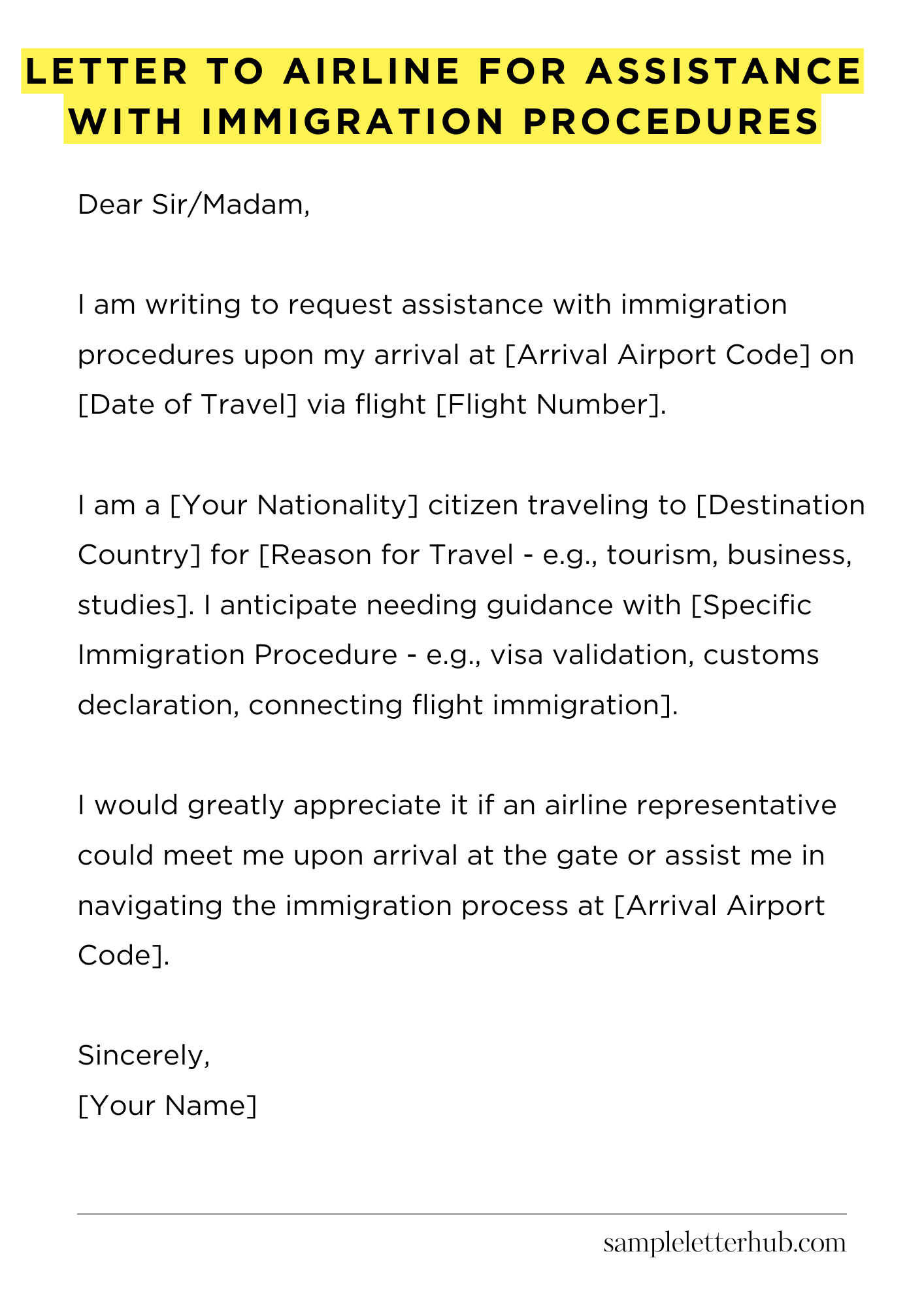 Letter To Airline For Assistance With Immigration Procedures