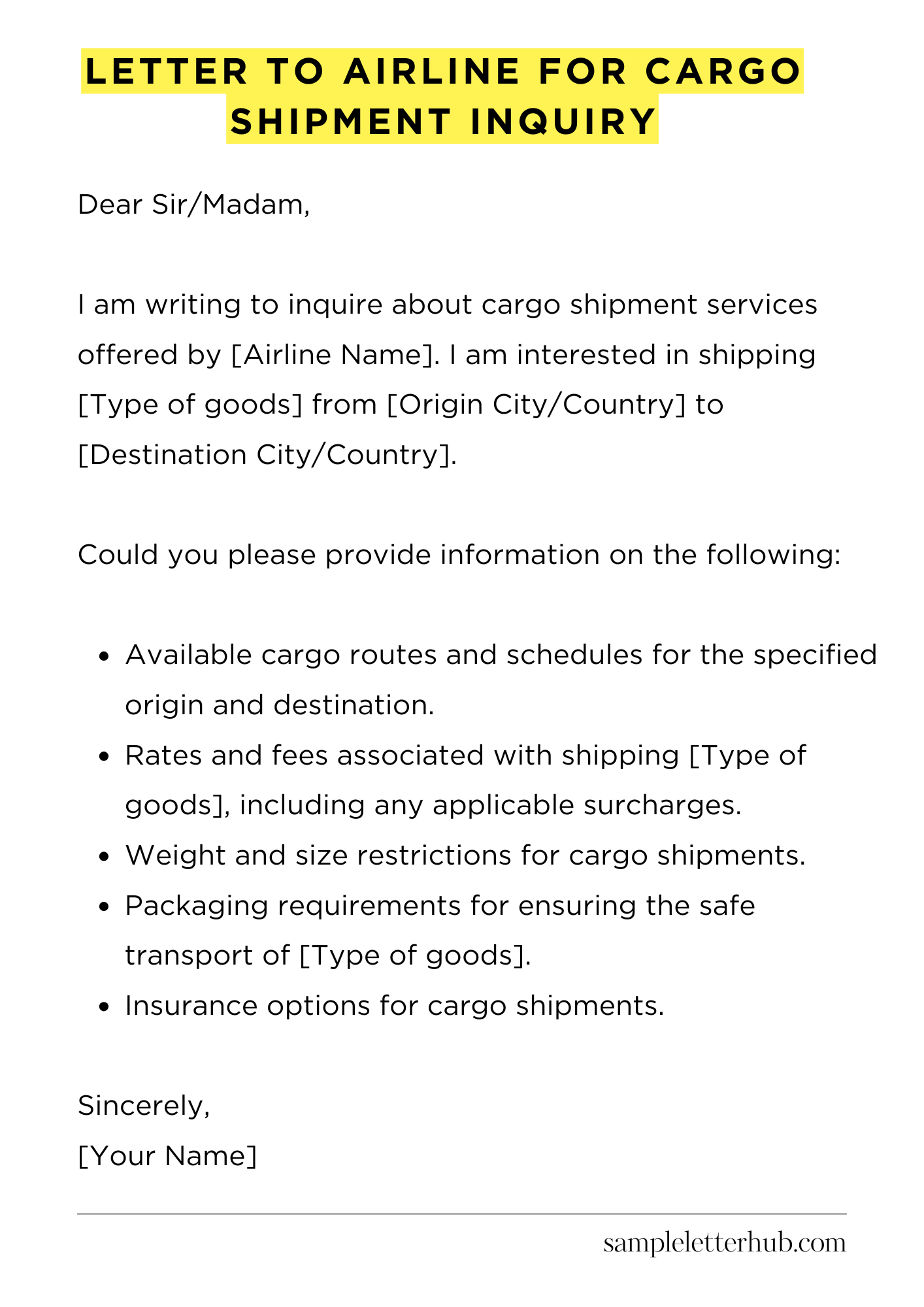 Letter To Airline For Cargo Shipment Inquiry