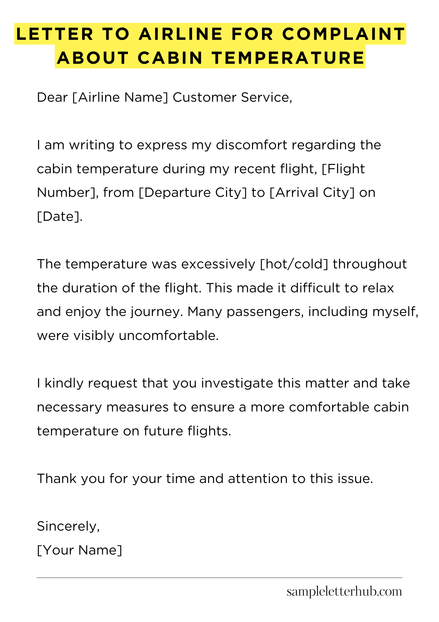 Letter To Airline For Complaint About Cabin Temperature