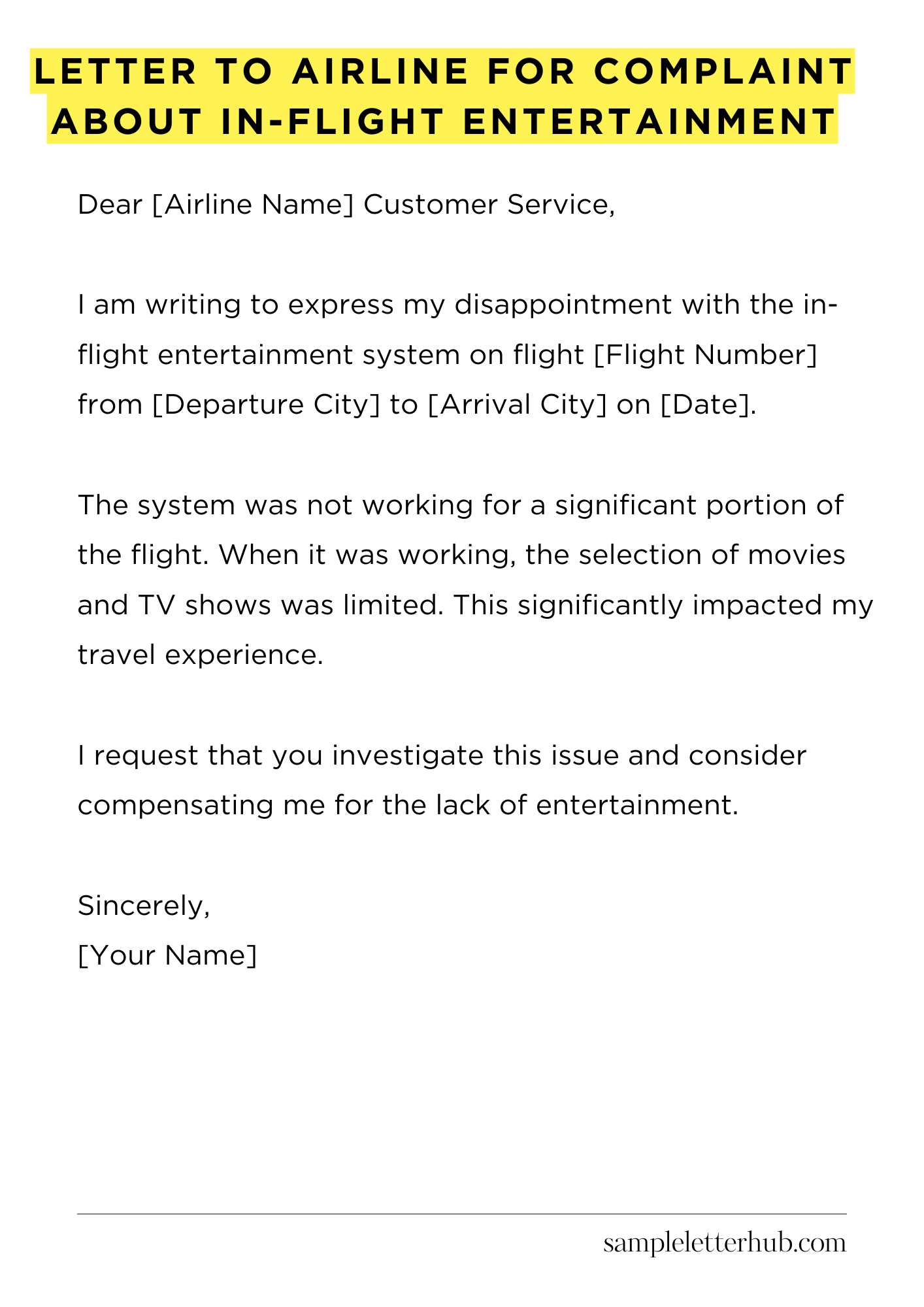 Letter To Airline For Complaint About In-Flight Entertainment