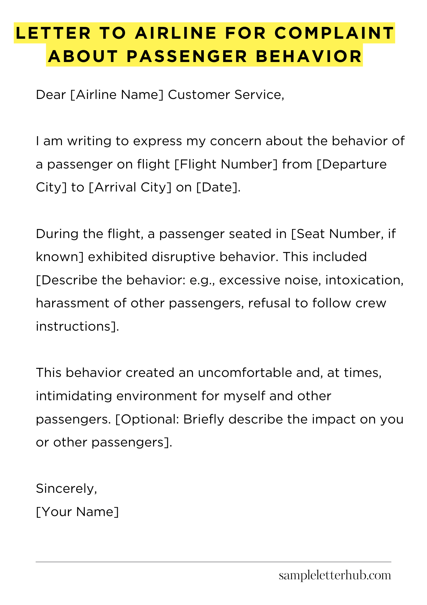 Letter To Airline For Complaint About Passenger Behavior