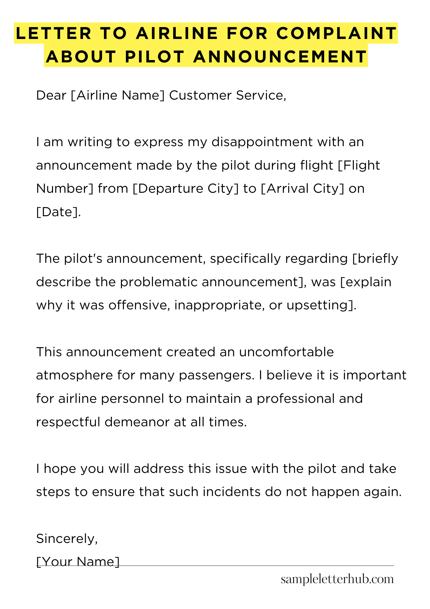 Letter To Airline For Complaint About Pilot Announcement