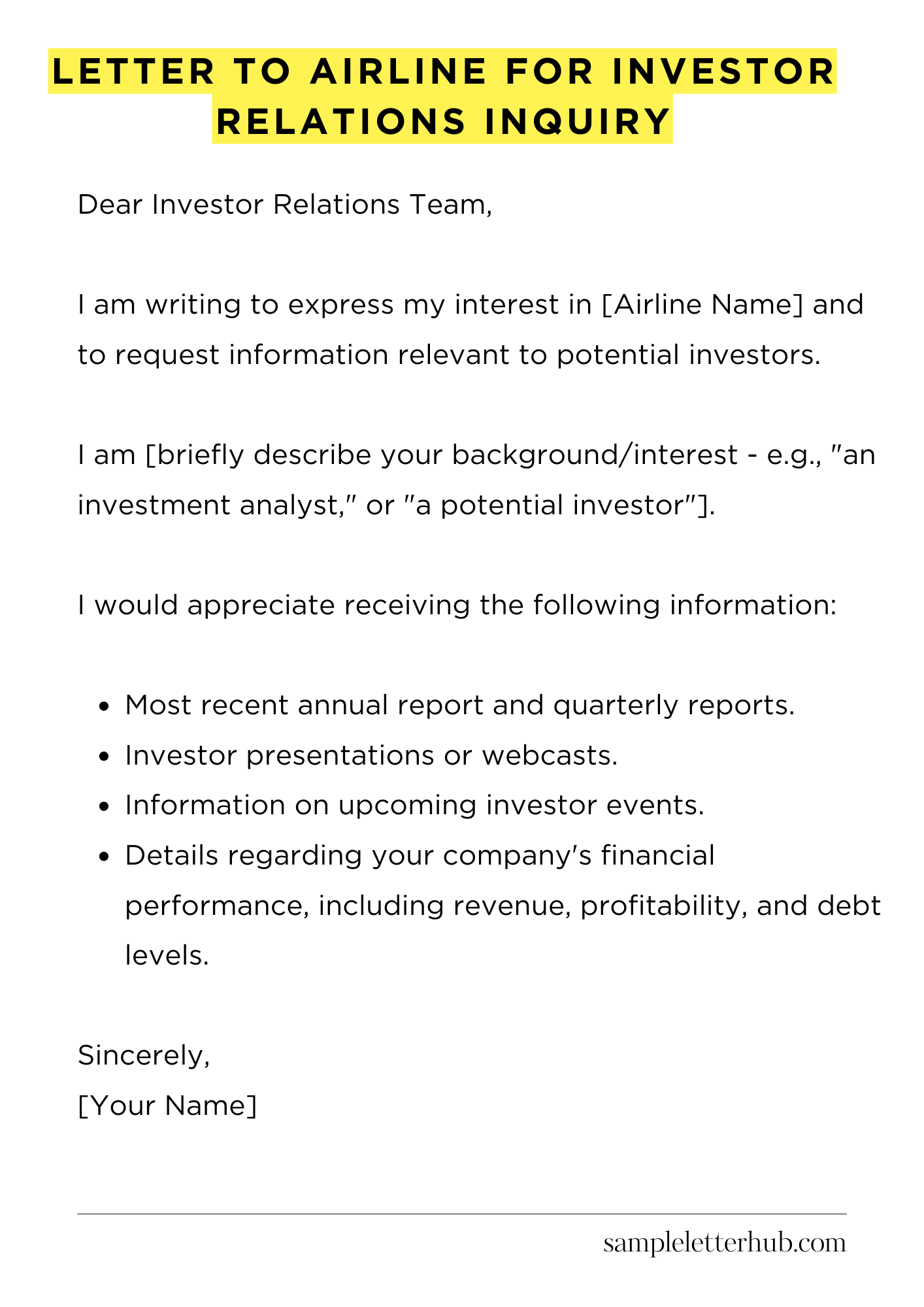 Letter To Airline For Investor Relations Inquiry