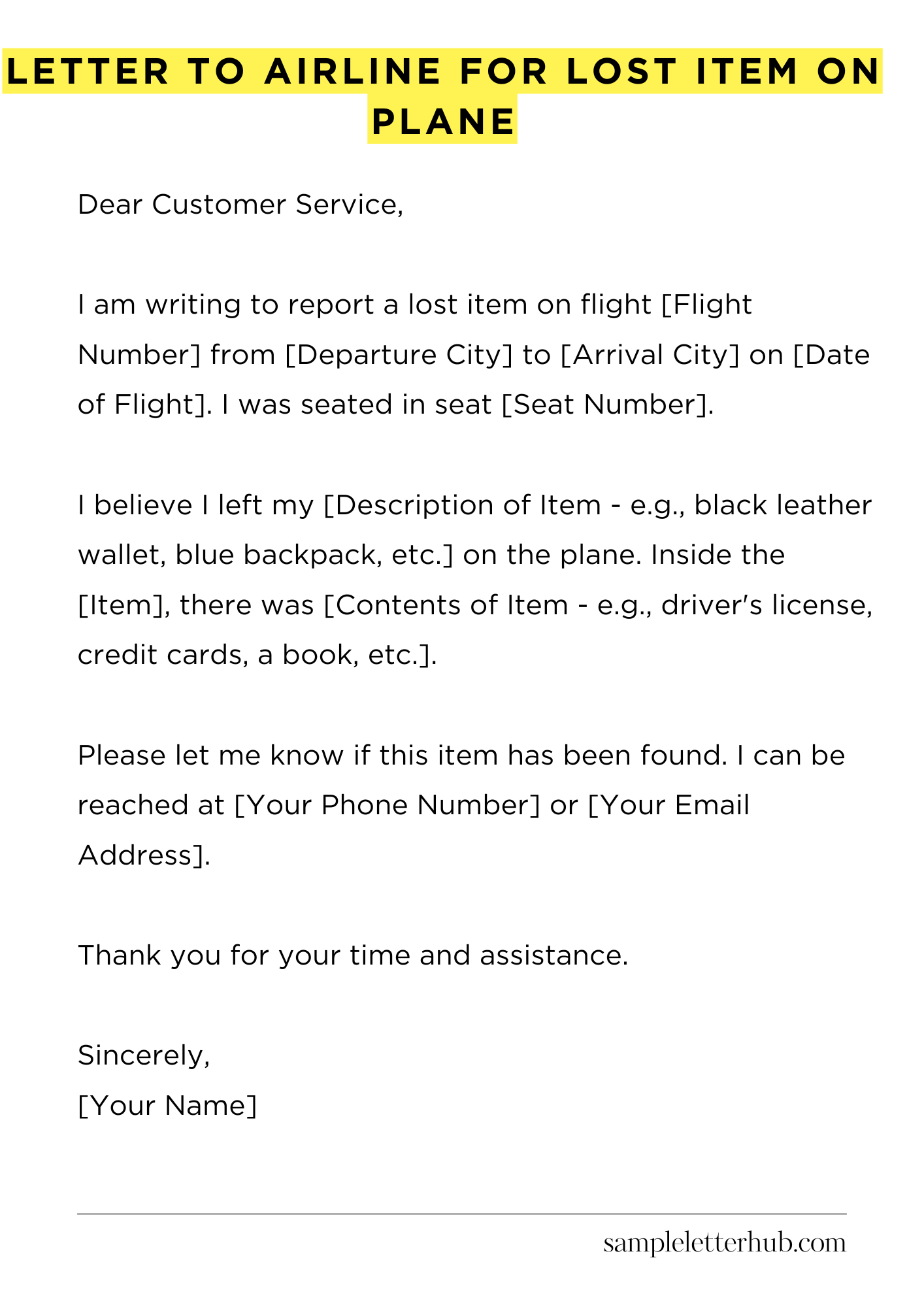Letter To Airline For Lost Item On Plane