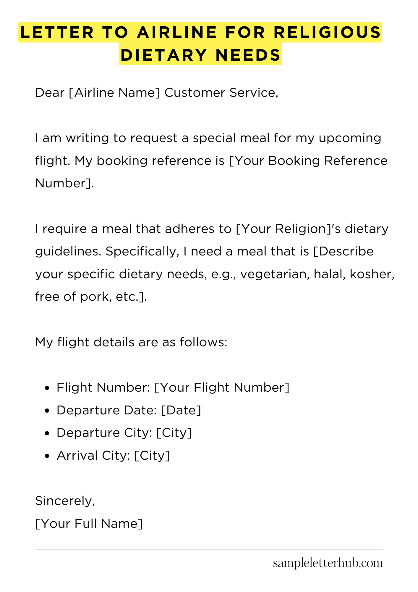 Letter To Airline For Religious Dietary Needs