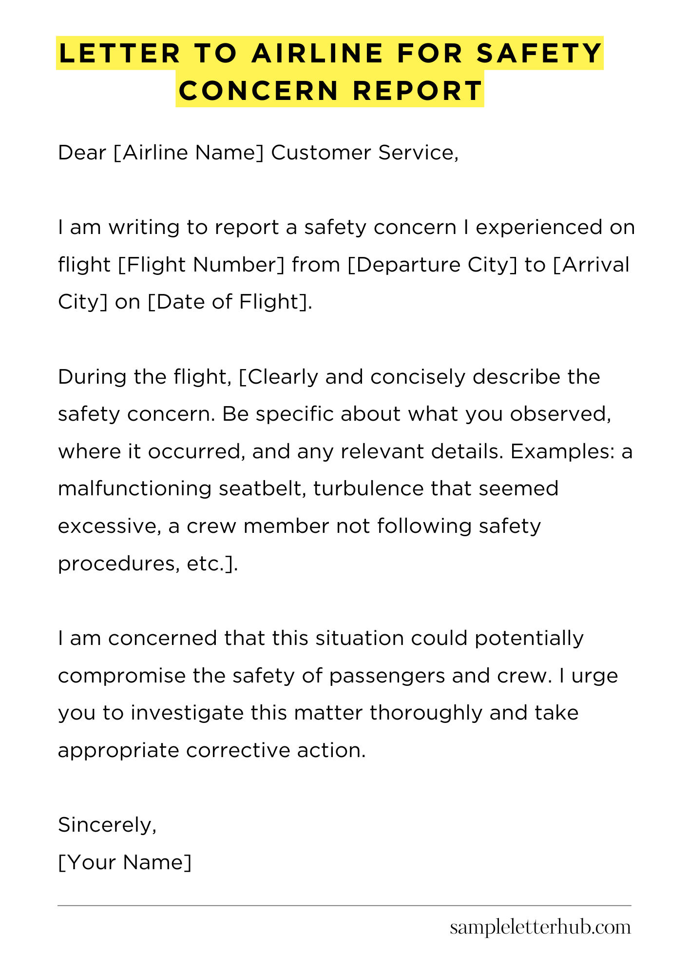 Letter To Airline For Safety Concern Report