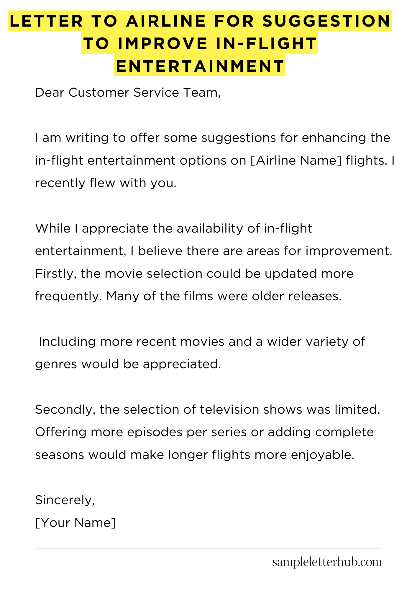 Letter To Airline For Suggestion To Improve In-Flight Entertainment