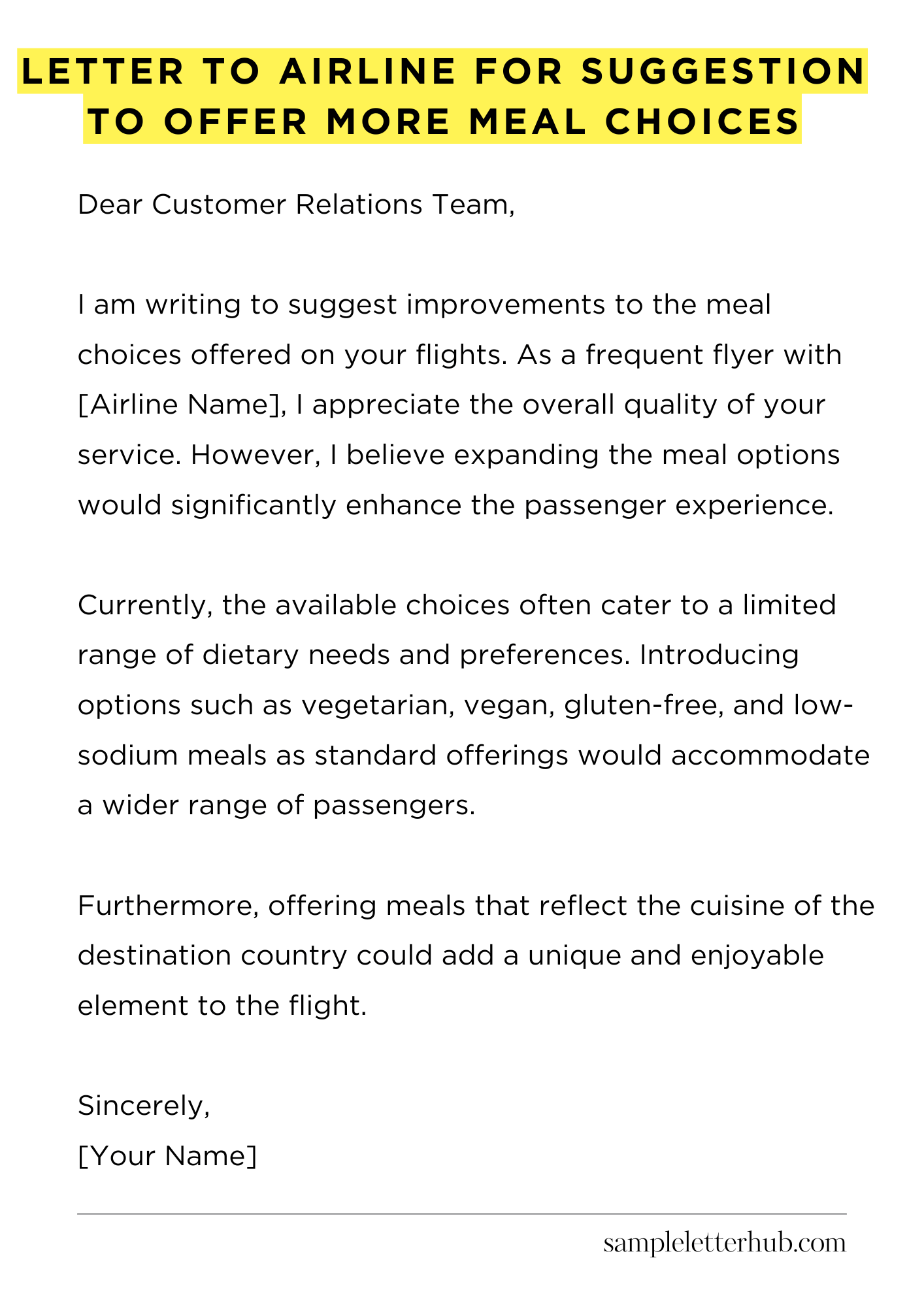 Letter To Airline For Suggestion To Offer More Meal Choices