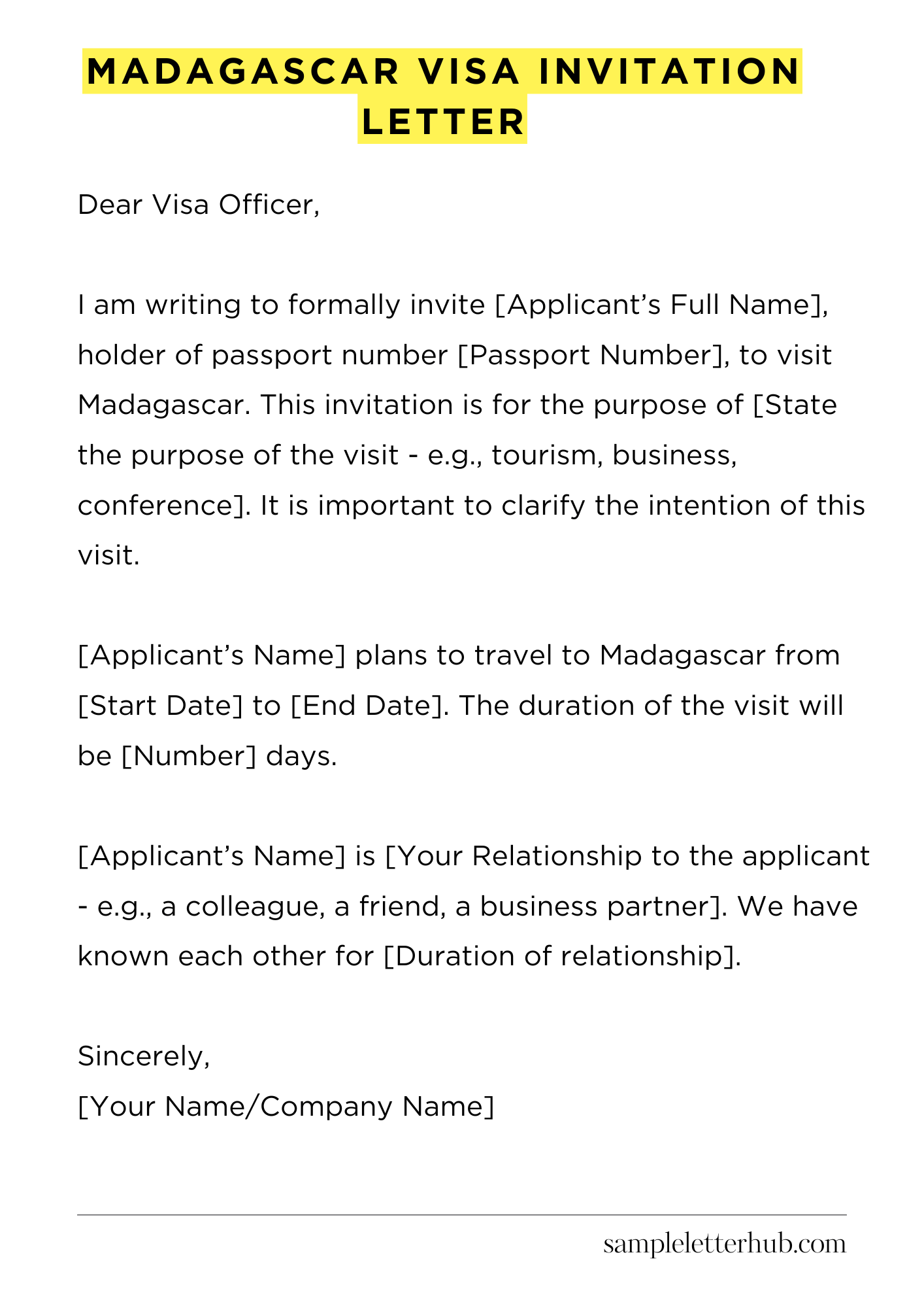Madagascar Visa Invitation Letter