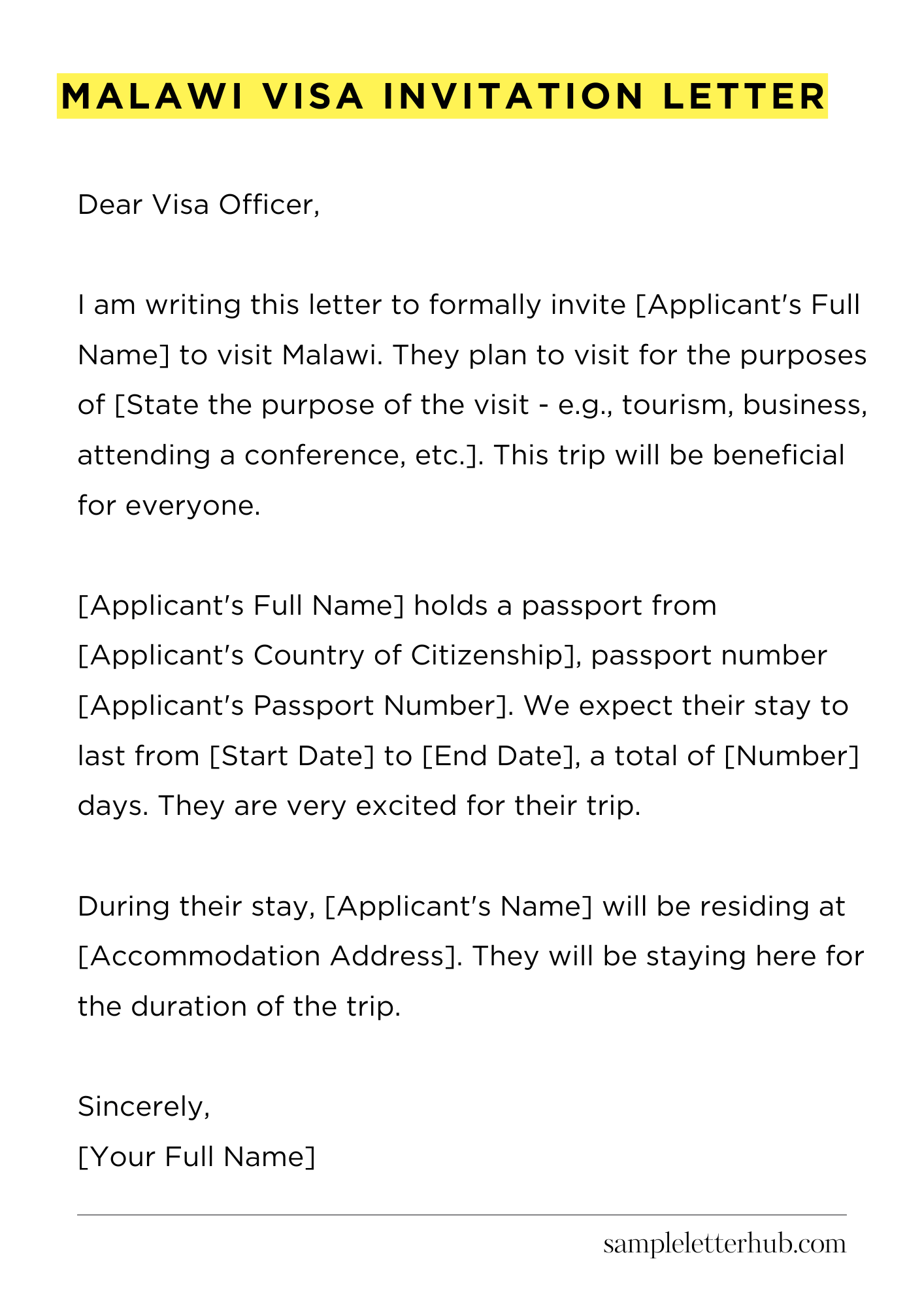 Malawi Visa Invitation Letter