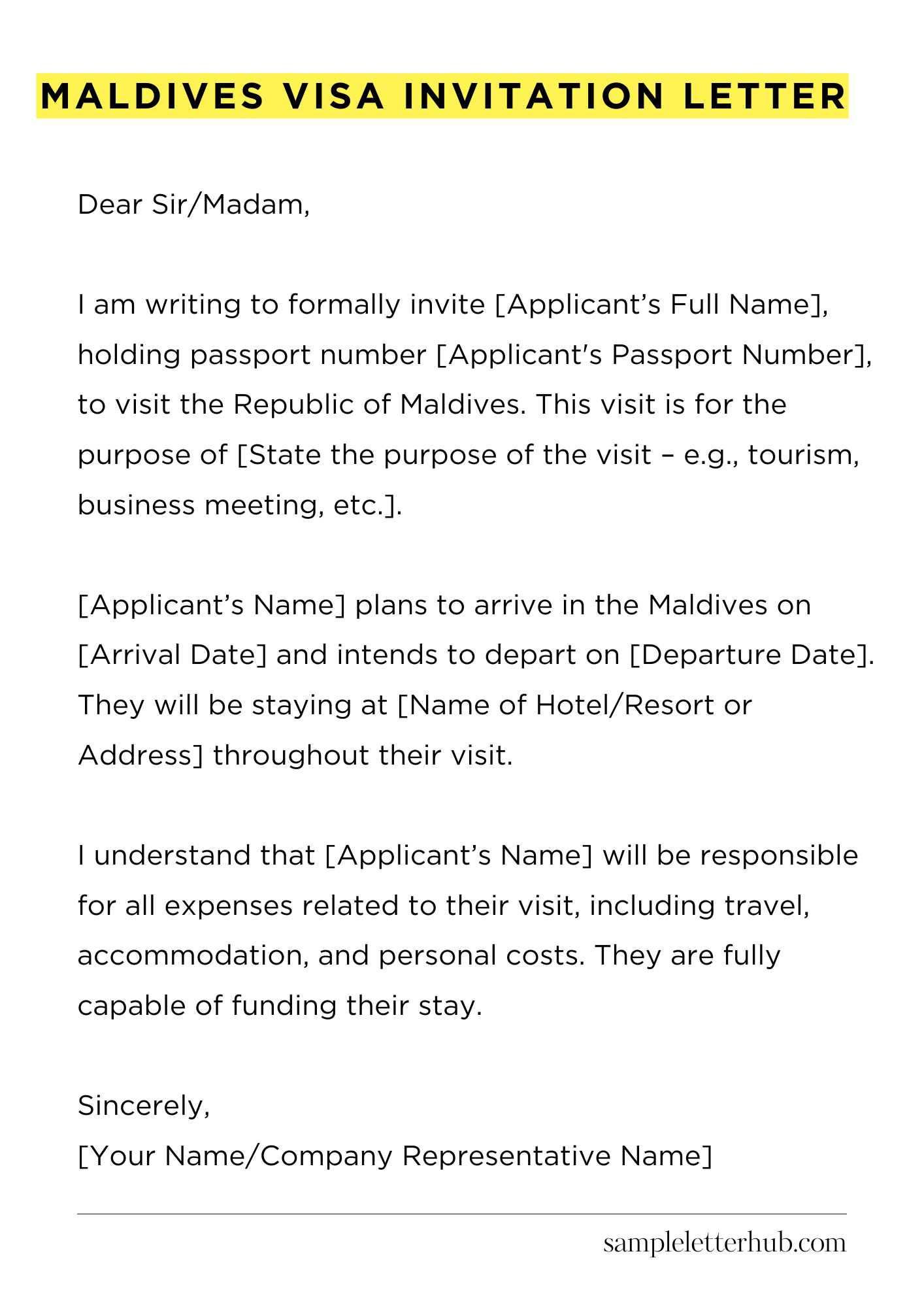 Maldives Visa Invitation Letter