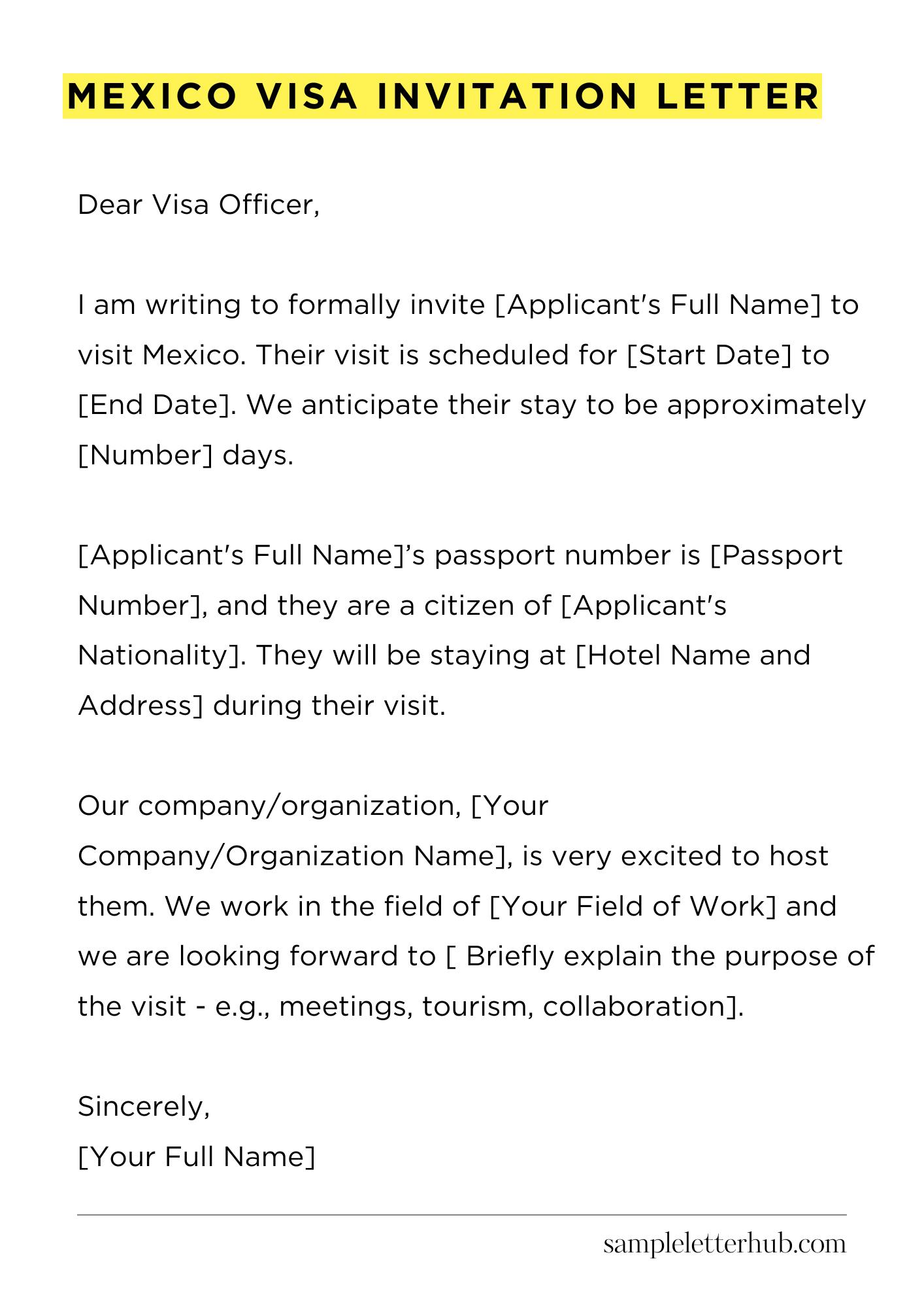 Mexico Visa Invitation Letter