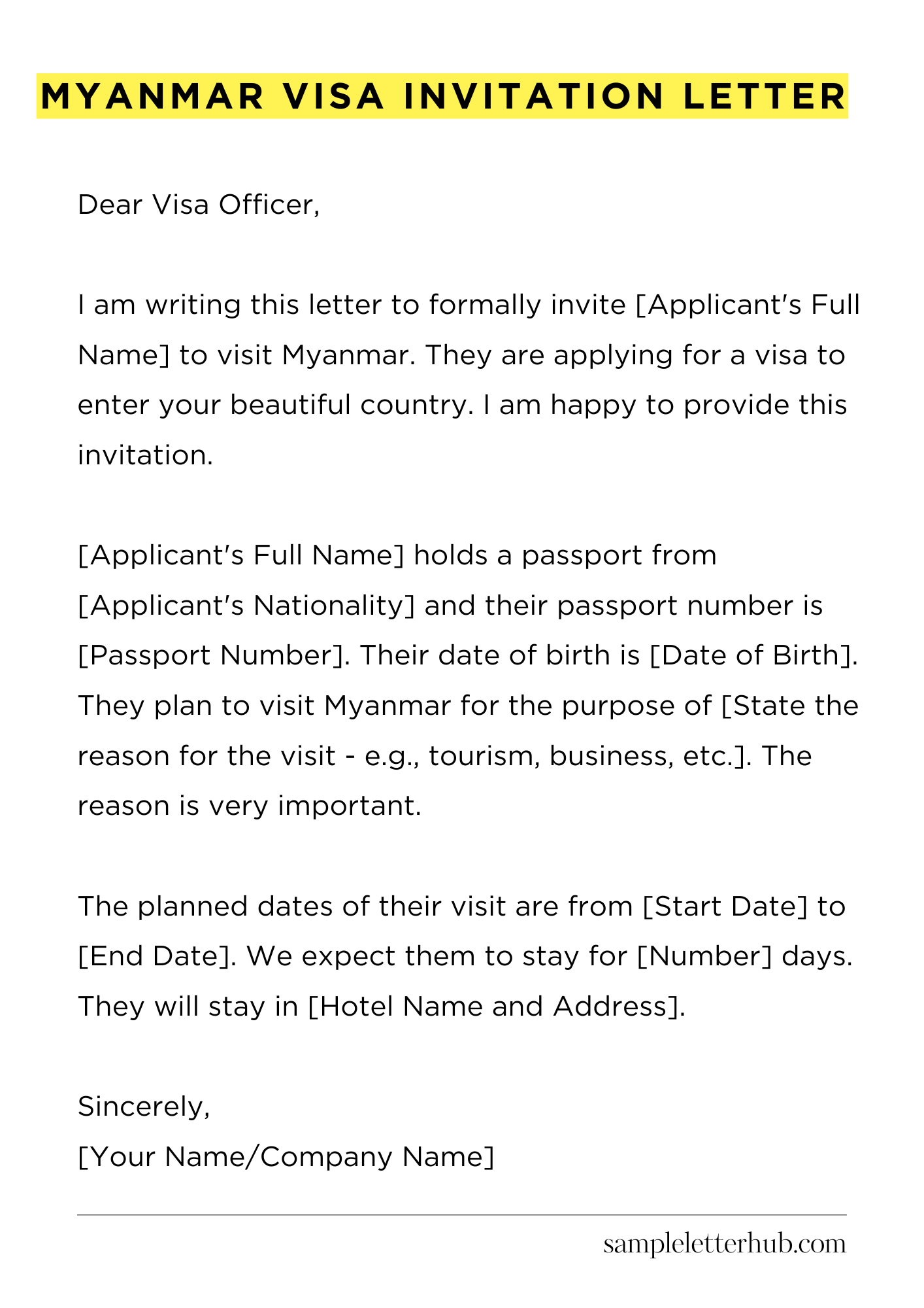 Myanmar Visa Invitation Letter