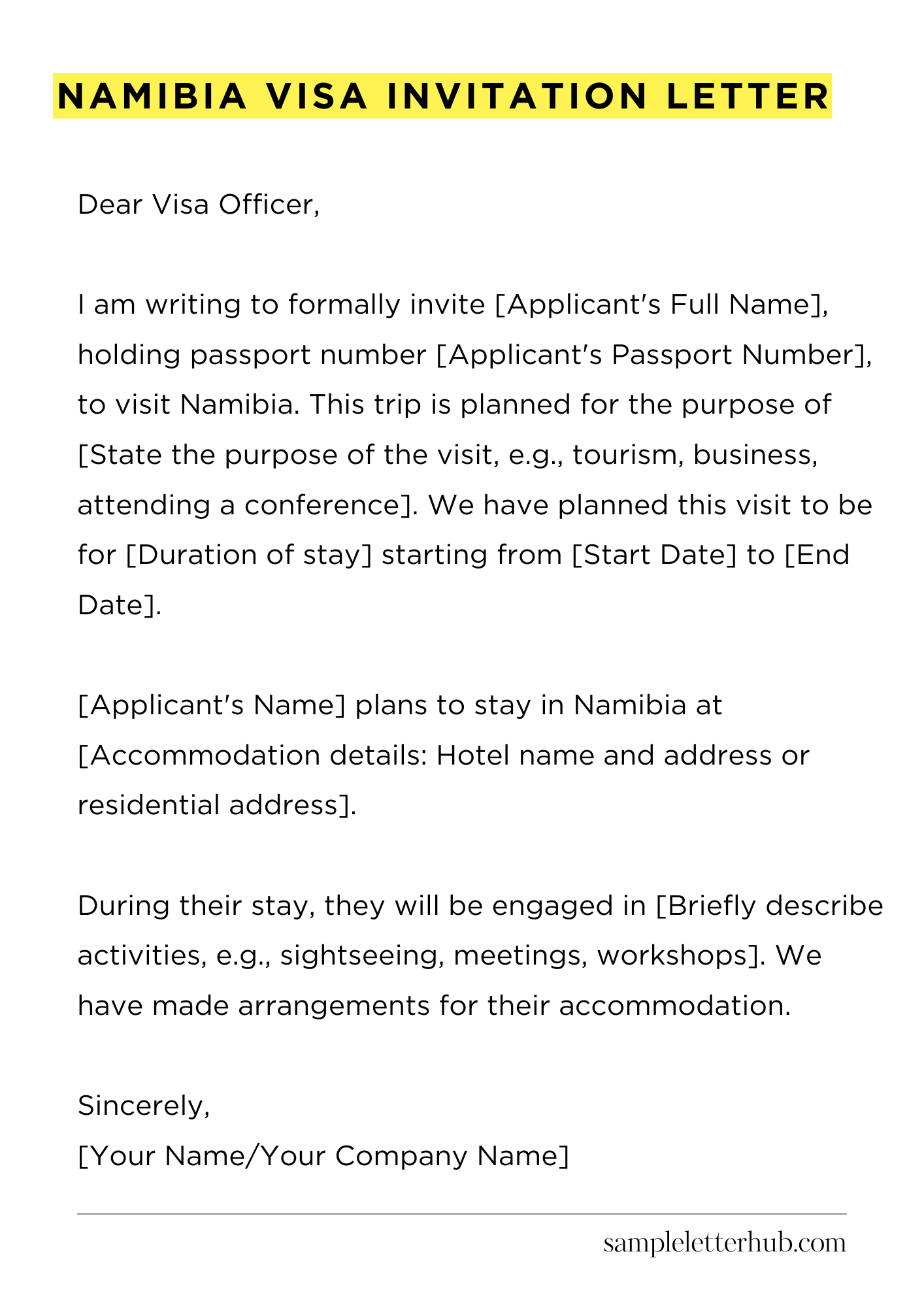 Namibia Visa Invitation Letter