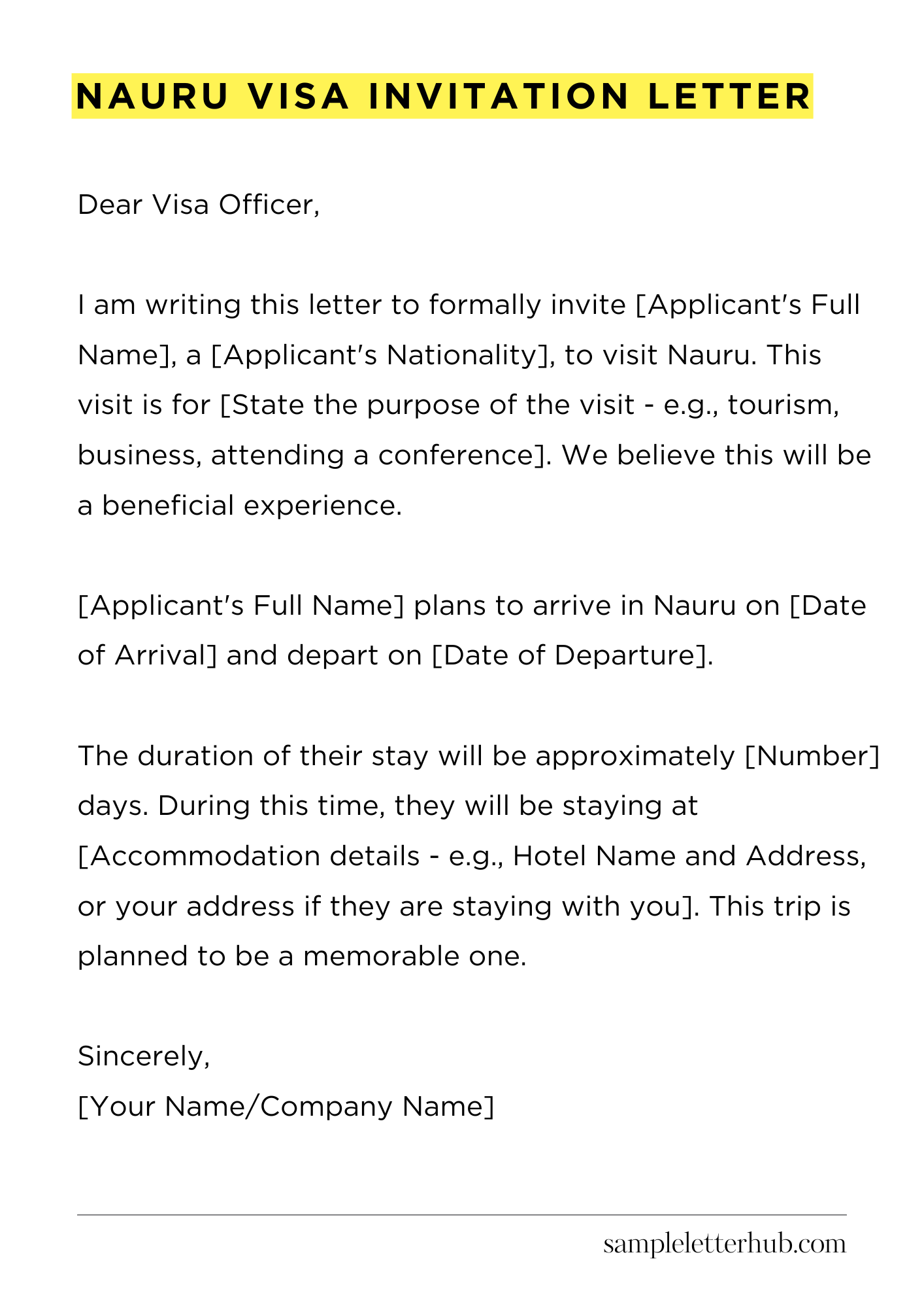 Nauru Visa Invitation Letter
