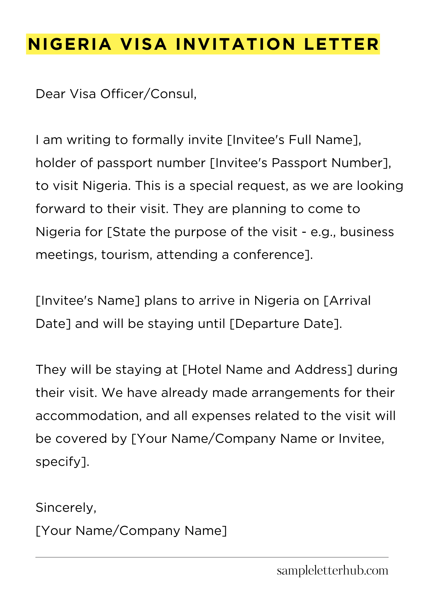 Nigeria Visa Invitation Letter