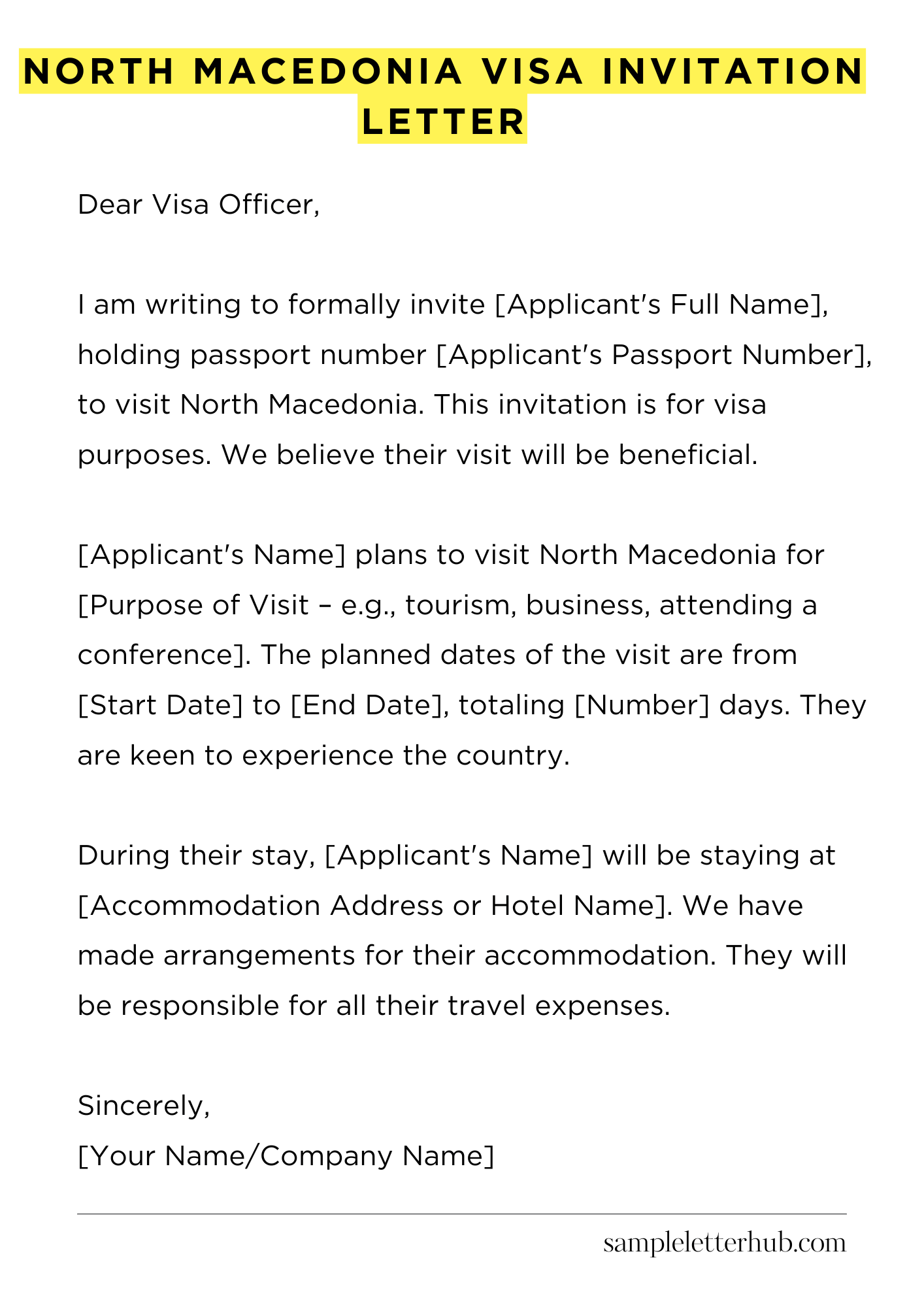 North Macedonia Visa Invitation Letter