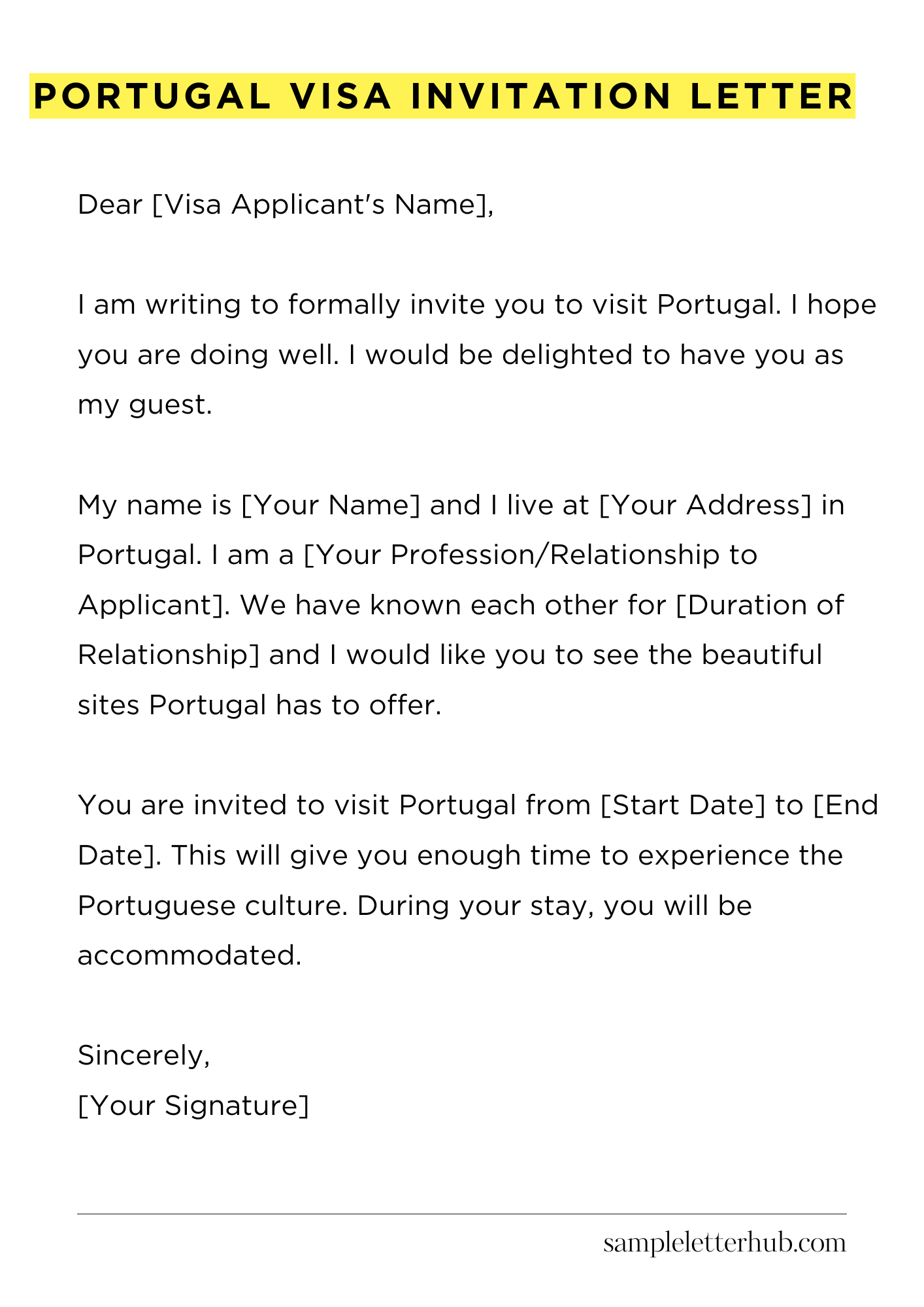 Portugal Visa Invitation Letter