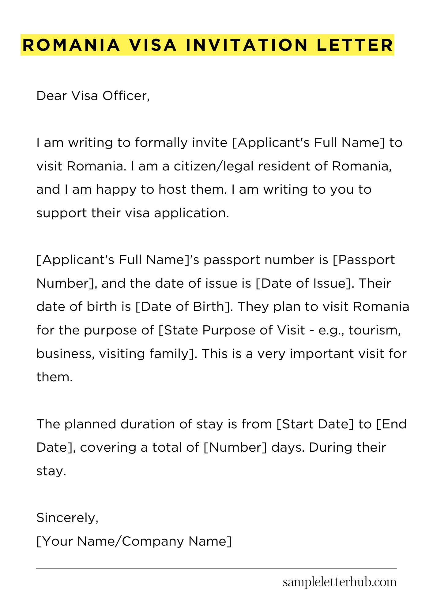 Romania Visa Invitation Letter