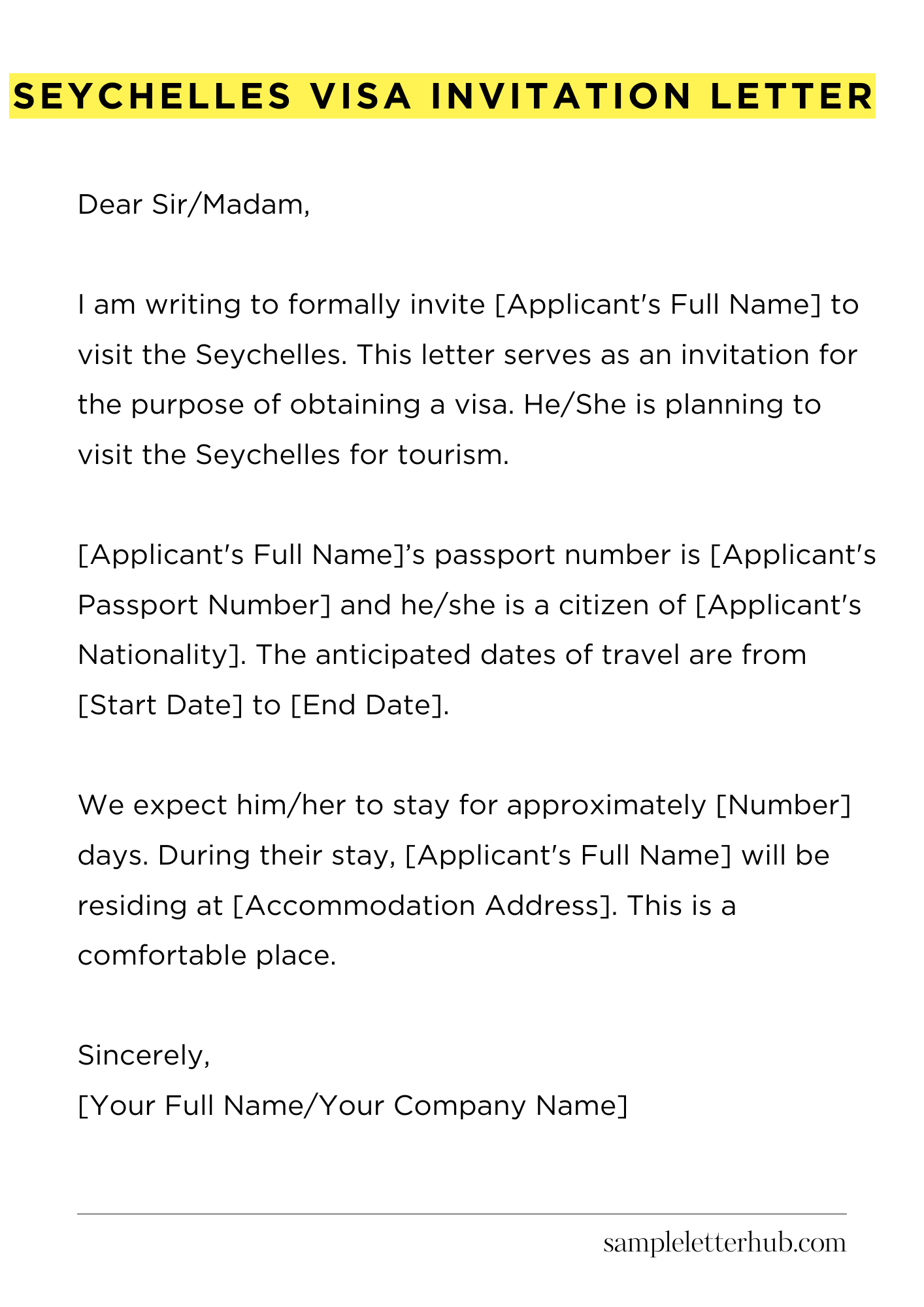Seychelles Visa Invitation Letter
