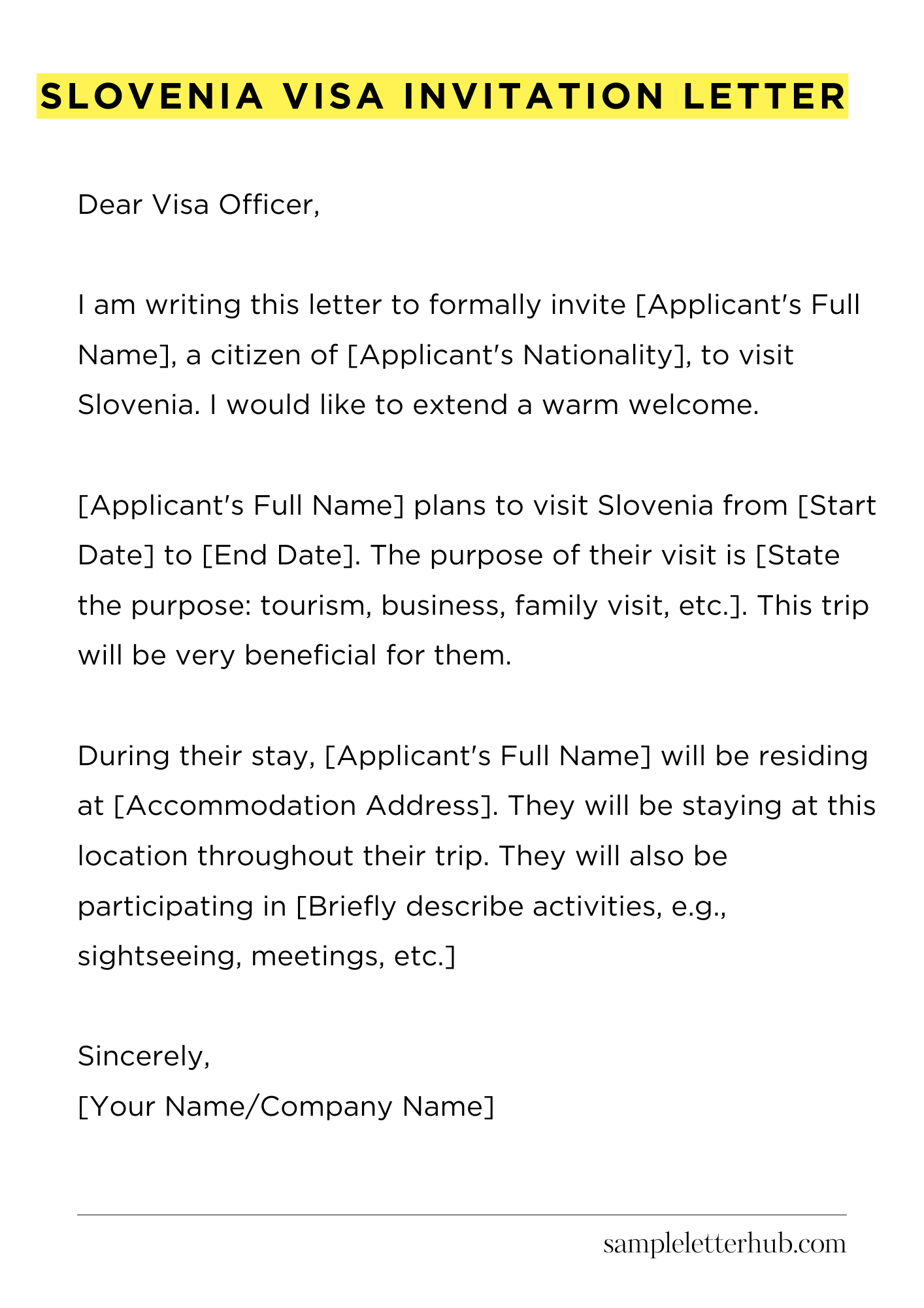 Slovenia Visa Invitation Letter