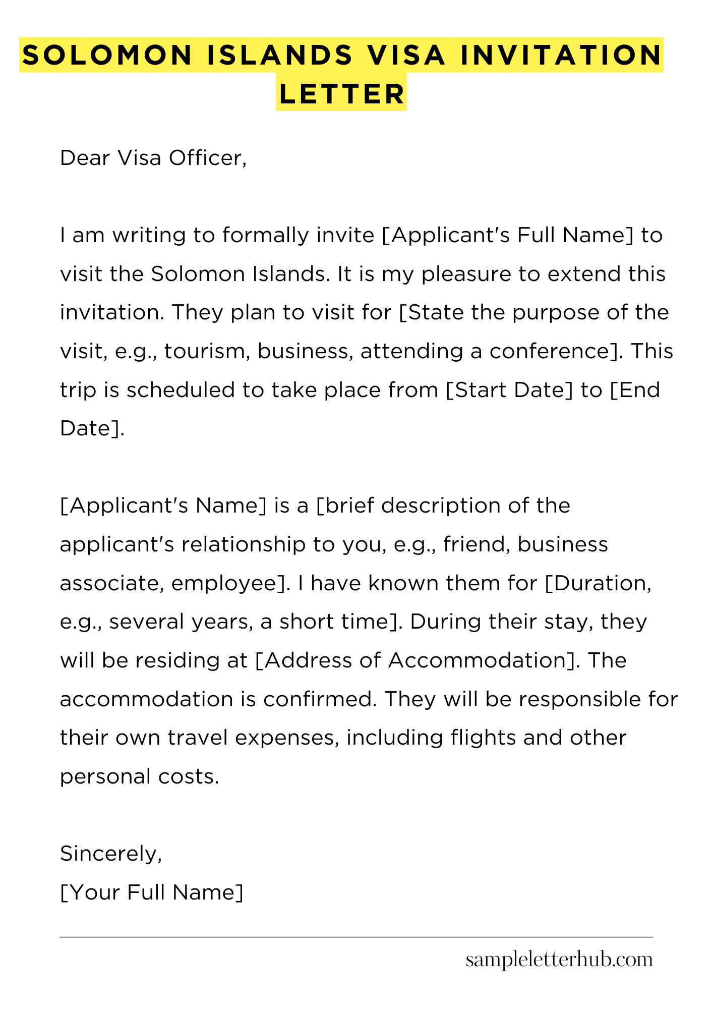 Solomon Islands Visa Invitation Letter
