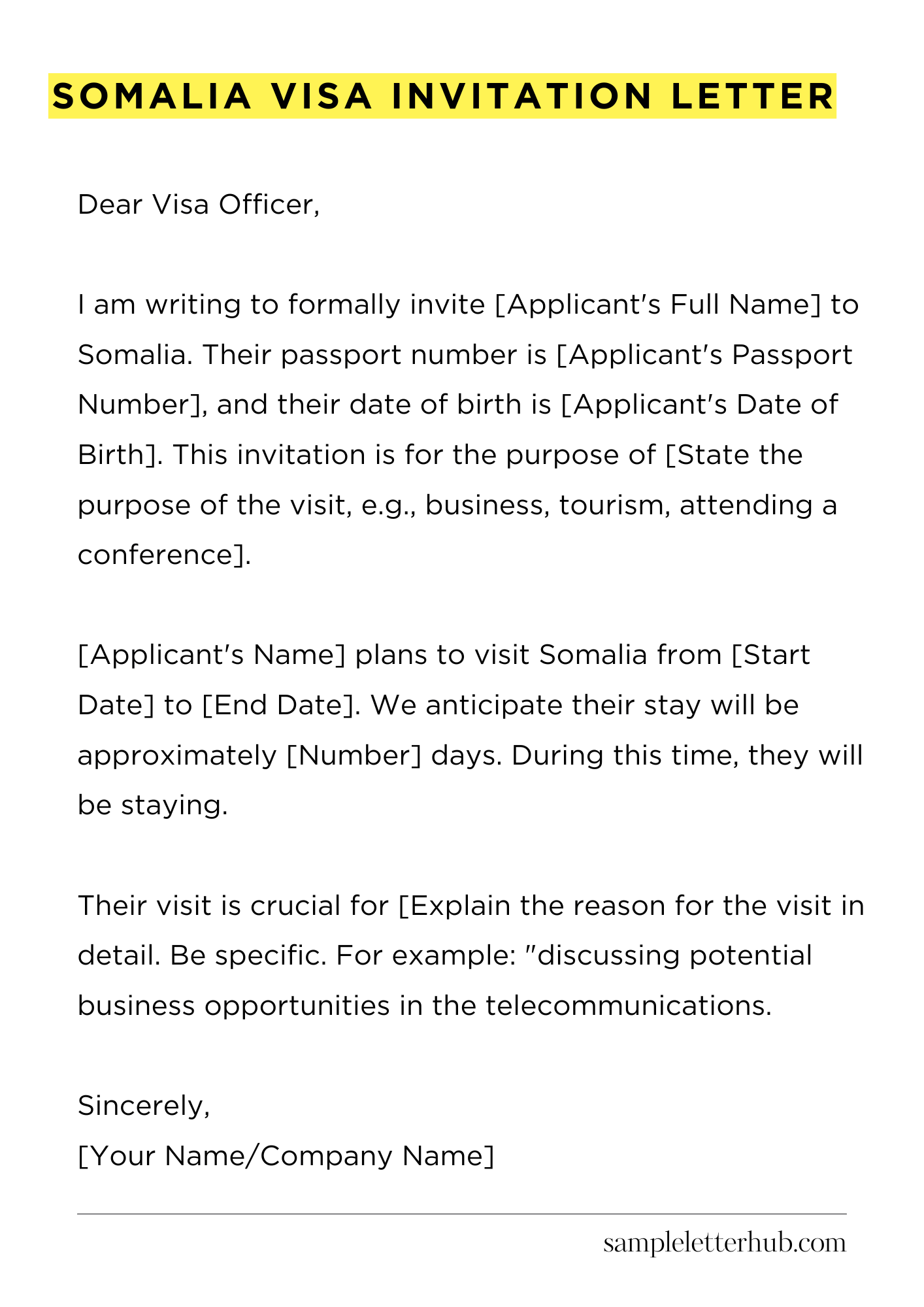 Somalia Visa Invitation Letter