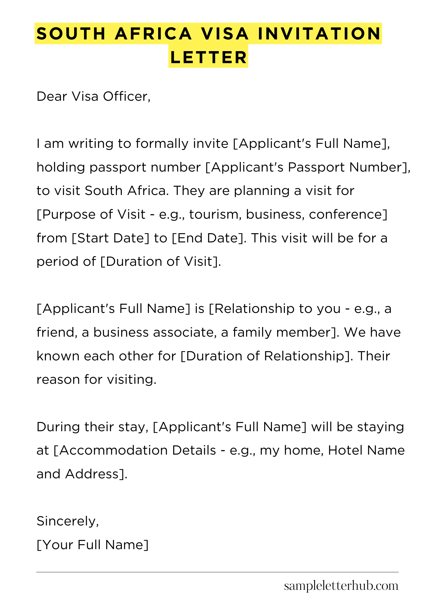 South Africa Visa Invitation Letter