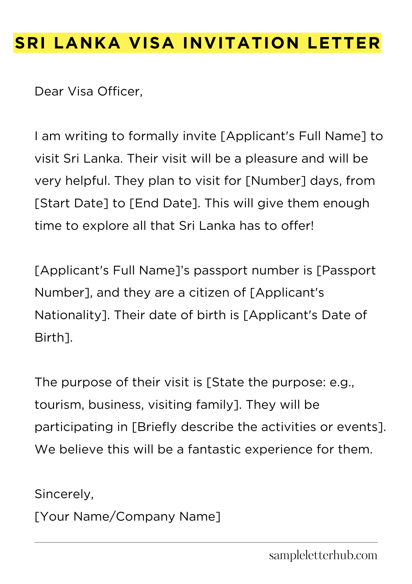Sri Lanka Visa Invitation Letter
