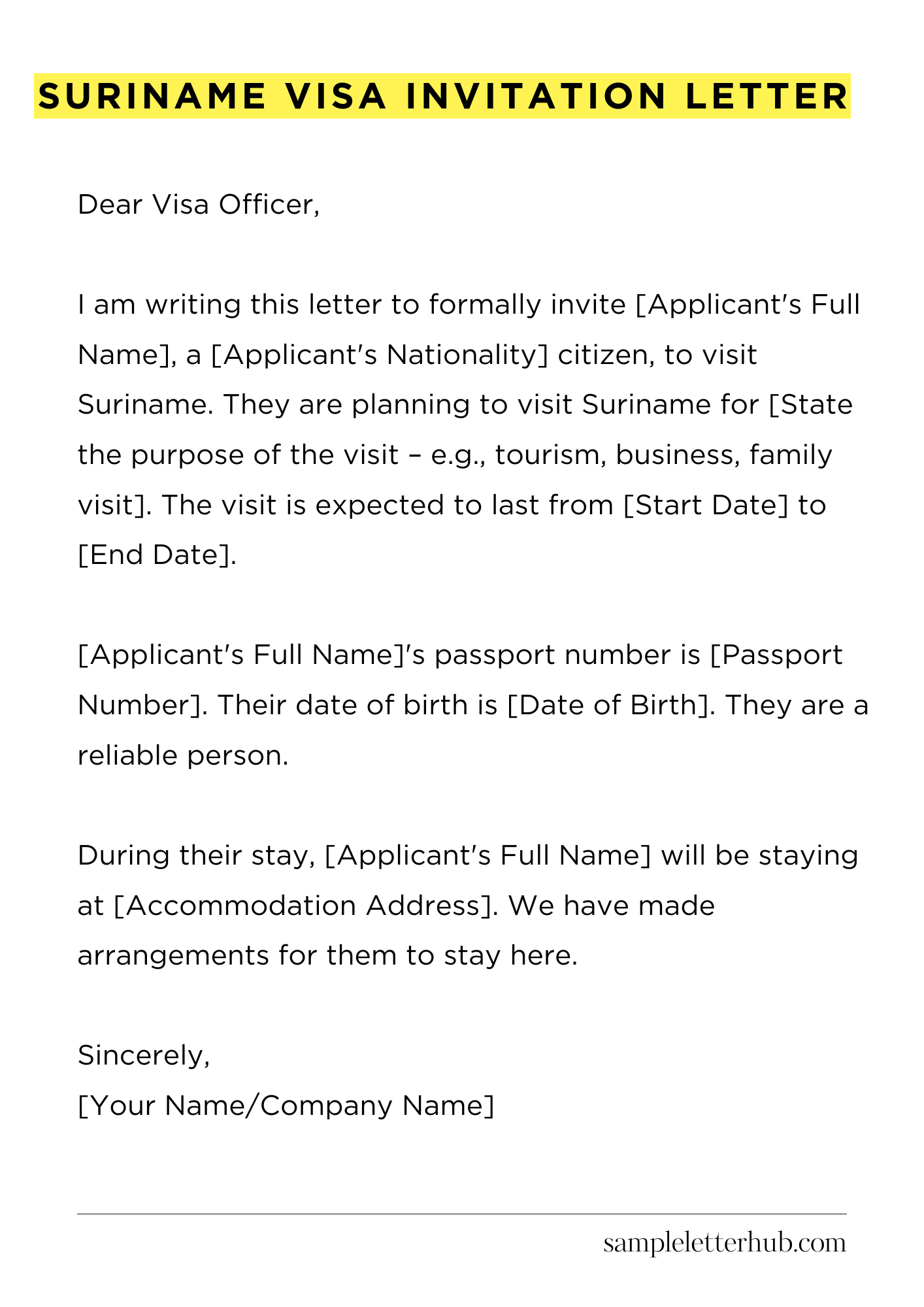 Suriname Visa Invitation Letter